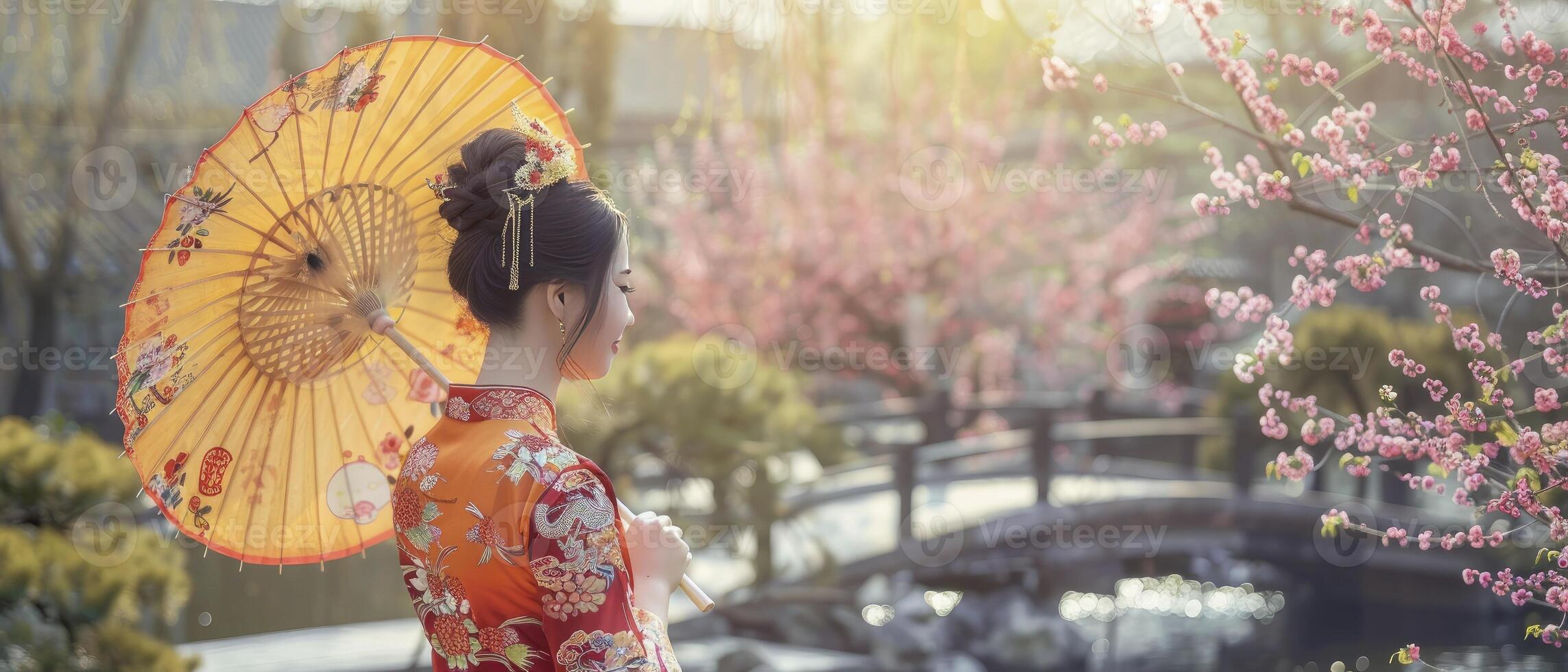 ai generato grazia in mezzo natura. un' bellissimo donna ornato nel un' tradizionale Cinese cheongsam sta nel un' classico giardino, Tenere un carta oleata ombrello, circondato di fioritura prugna fiori. foto