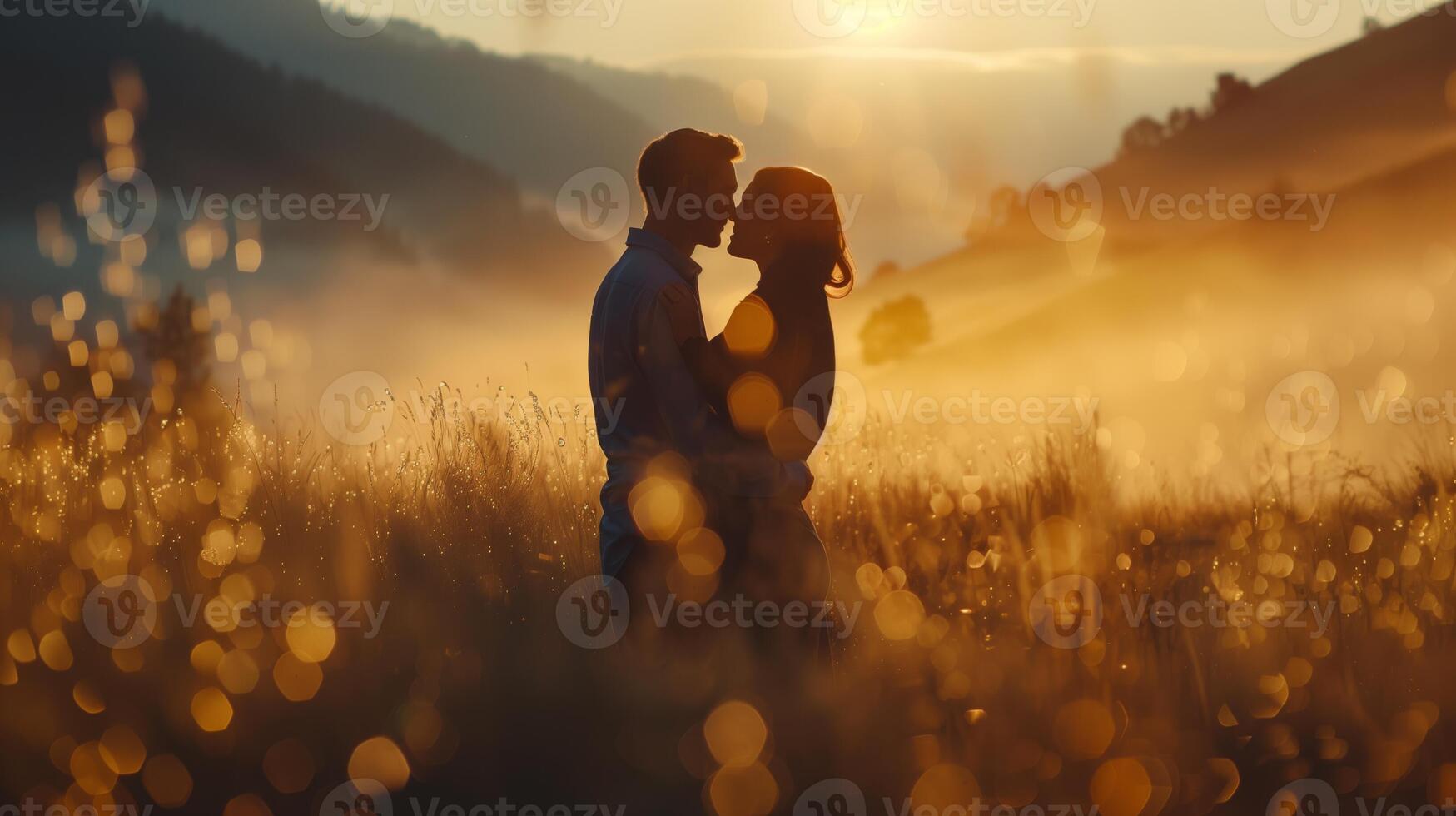 ai generato d'oro tramonto abbraccio, coppia silhouette romanza foto