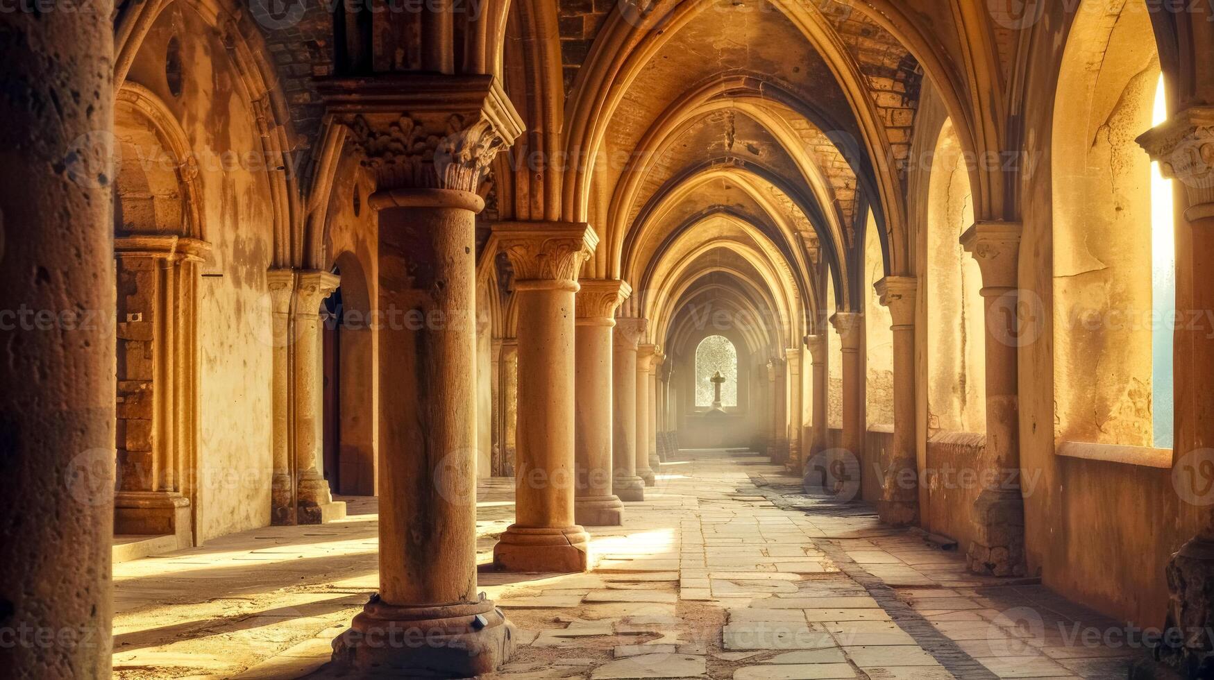 ai generato caldo luce del sole filtri attraverso un vecchio quello del monastero arcuato corridoio foto