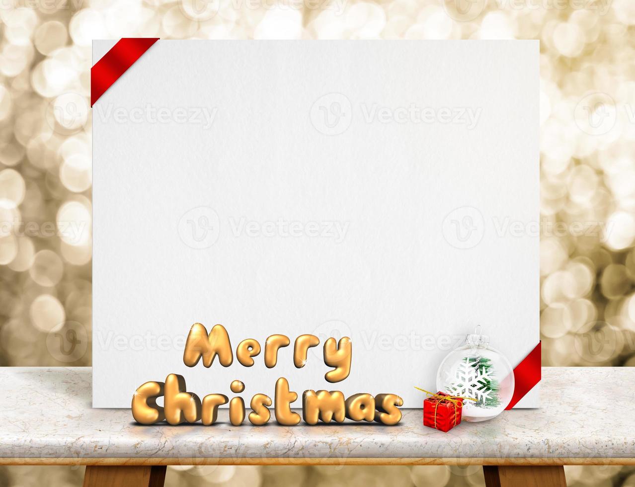 buon natale rendering 3d con palla di natale davanti a carta bianca con nastro rosso foto