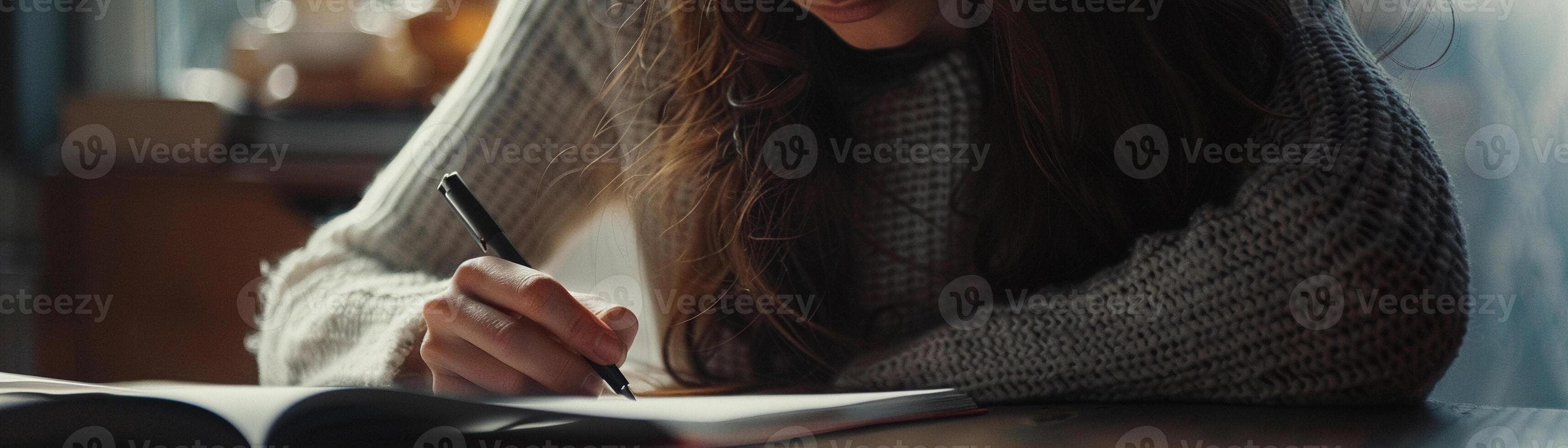 ai generato focalizzata calligrafia, avvicinamento tiro di il donna di mano come lei scrive, in mostra il intricato movimenti di sua dita e il fluidità di sua calligrafia, generativo ai foto