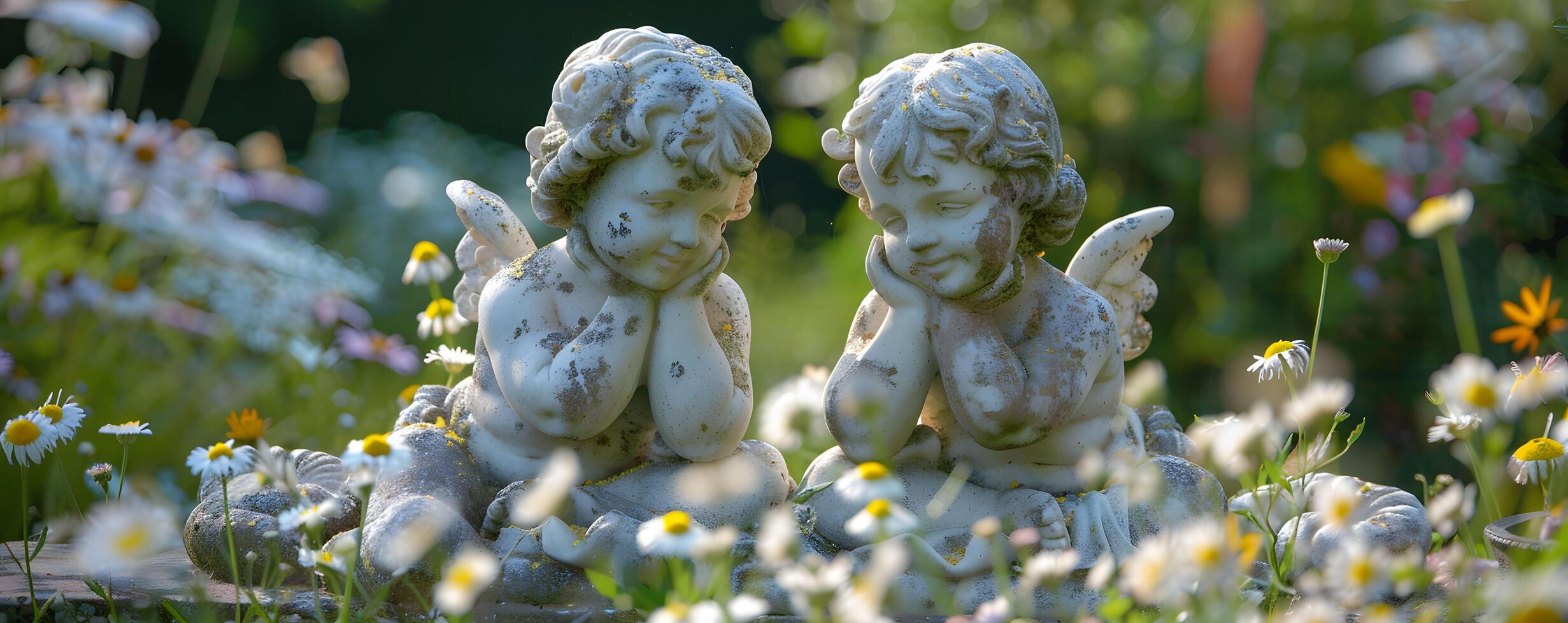 ai generato cherubino statue nel un' giardino foto