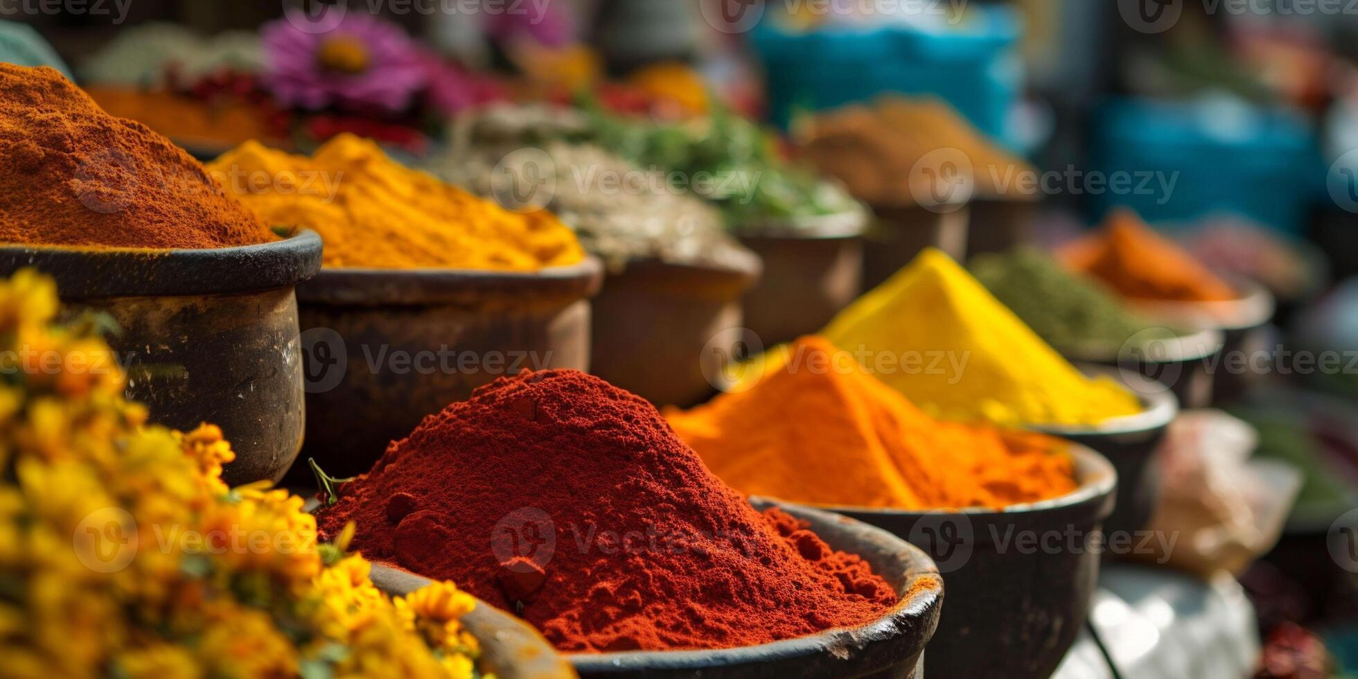 ai generato ciotole con colorato Spezia nel mercato nel india.a uomo vende spezie nel un indiano mercato. asiatico o messicano cibo striscioni, annuncio. copia spazio foto