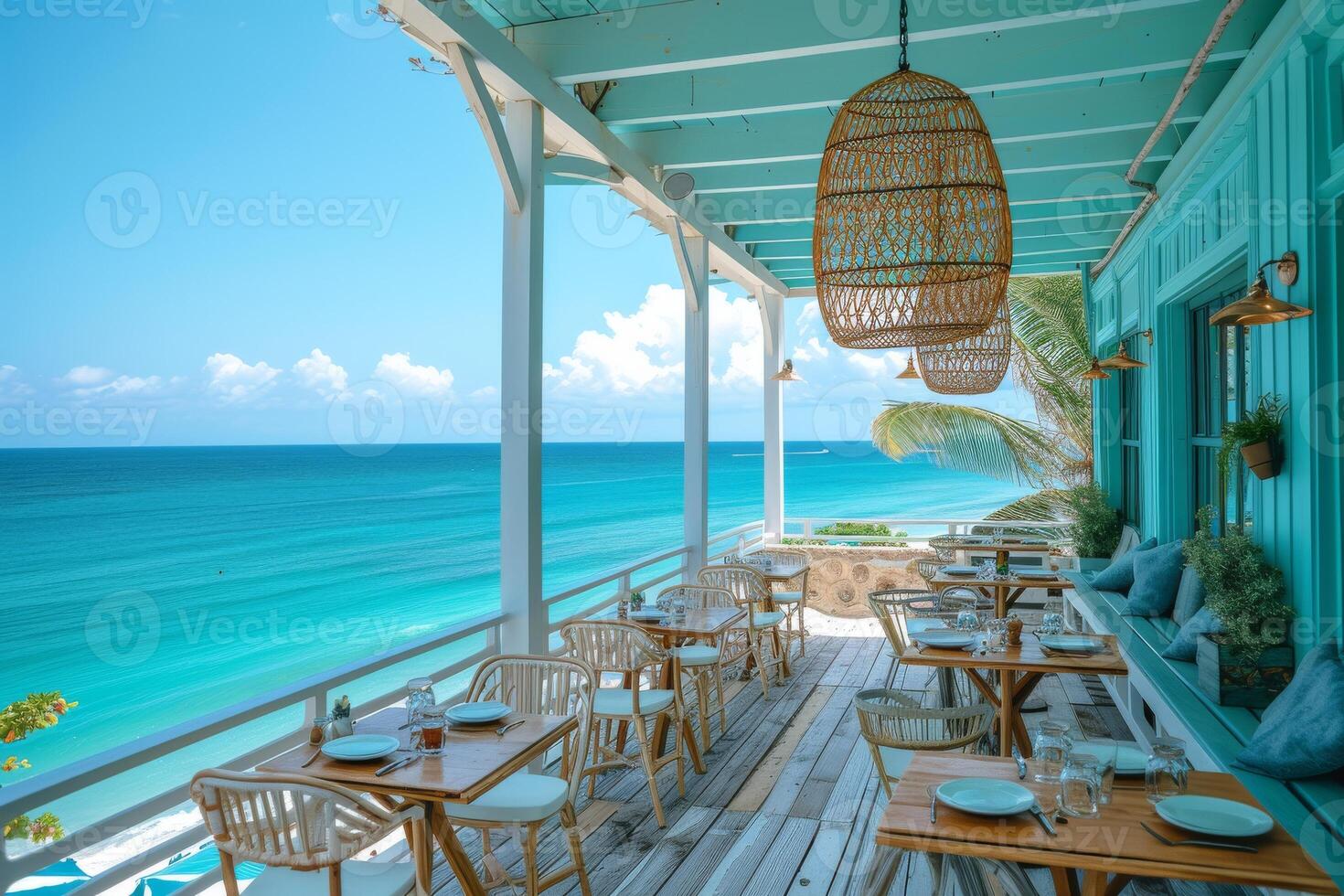 ai generato un' accogliente bistro arroccato su il bordo di il spiaggia foto