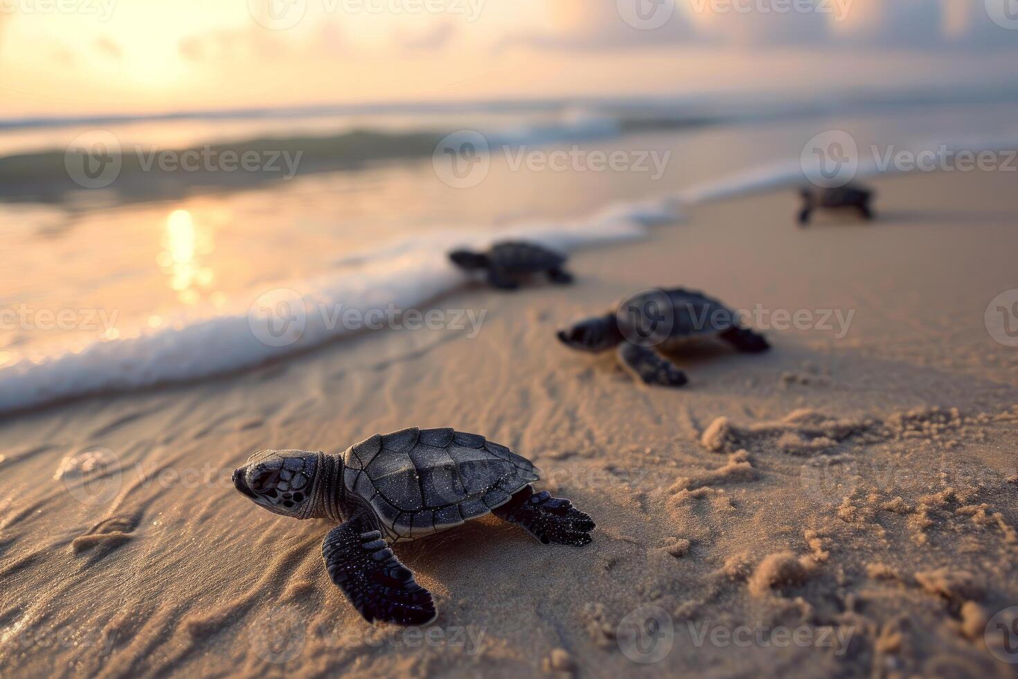 ai generato bambino tartarughe su spiaggia sabbia. creare ai foto