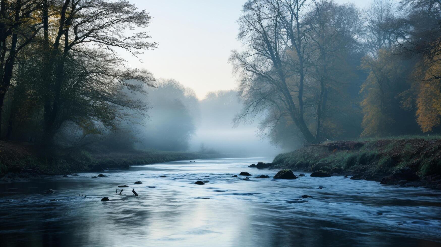 ai generato un' nebbioso fiume su un' nebbioso mattina un' calmante e mistico scena foto