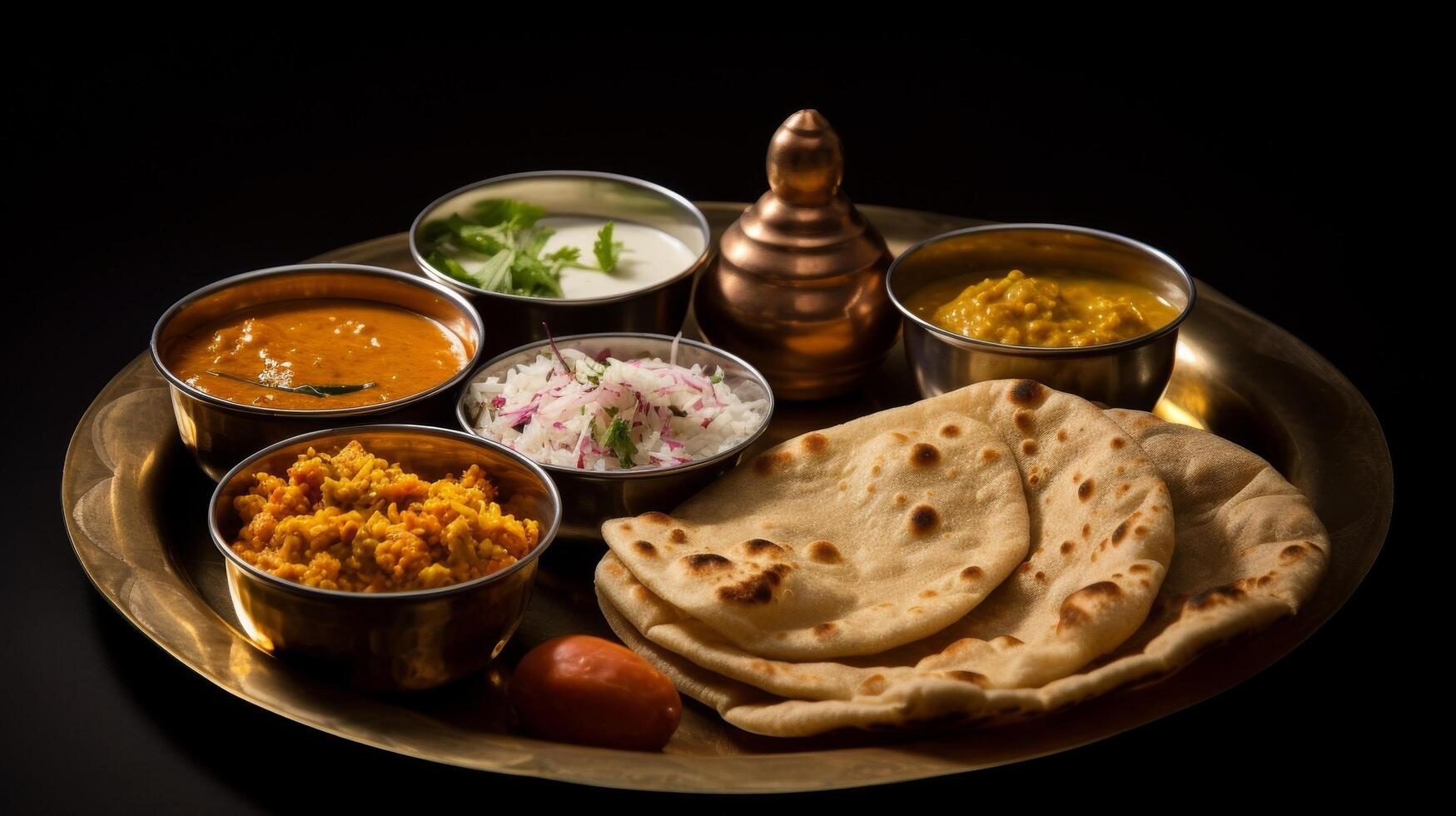 ai generato un' ancora vita di un' tradizionale indiano thali con pane, dals, e altro piatti su un' piatto foto