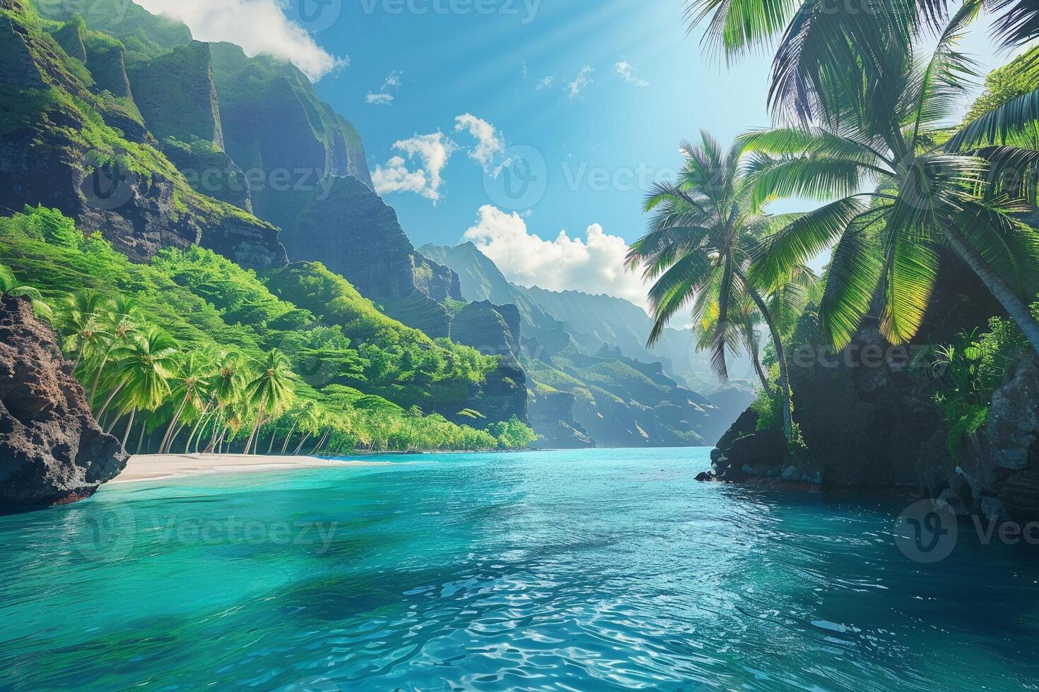 ai generato un' mozzafiato tropicale Paradiso con palma alberi e chiaro blu acque impostato contro maestoso roccioso montagne. foto