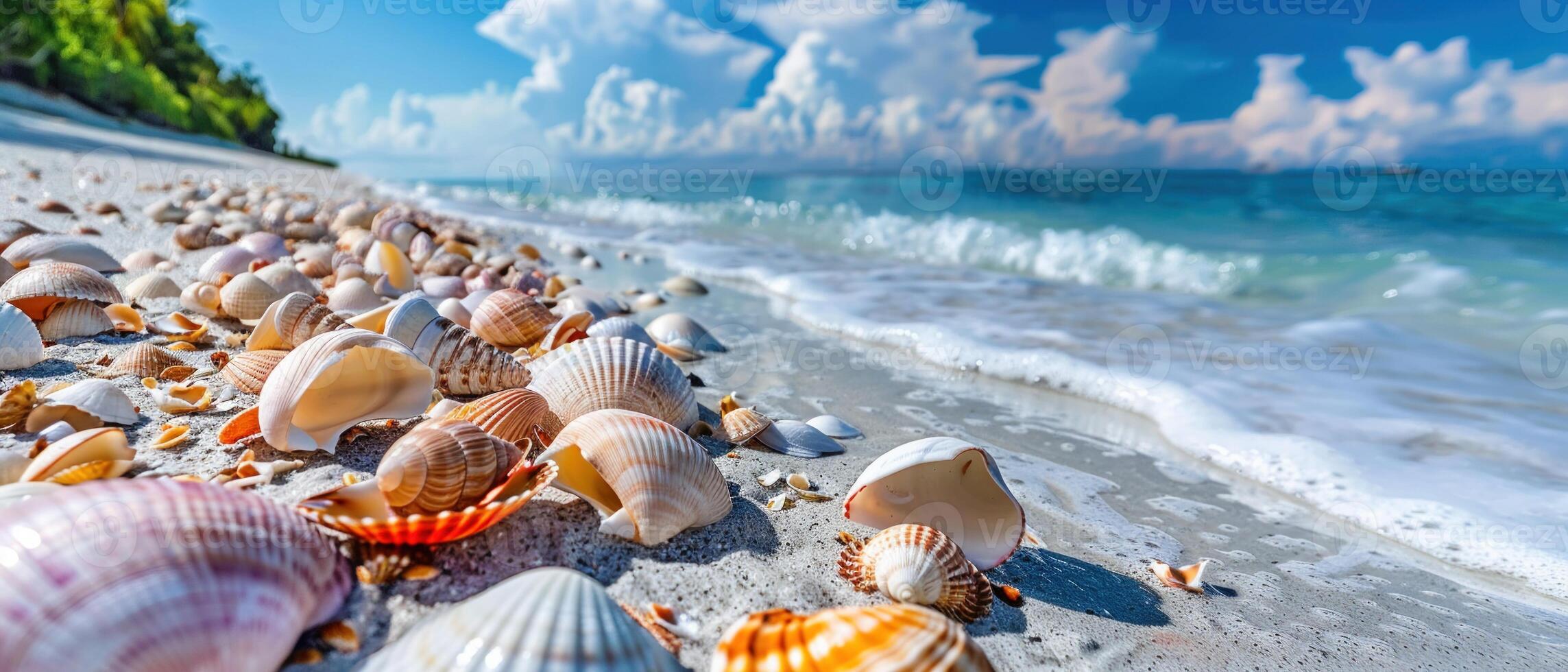 ai generato un Vettore di colorato conchiglie sparpagliato su il riva di un' incontaminato tropicale spiaggia. foto