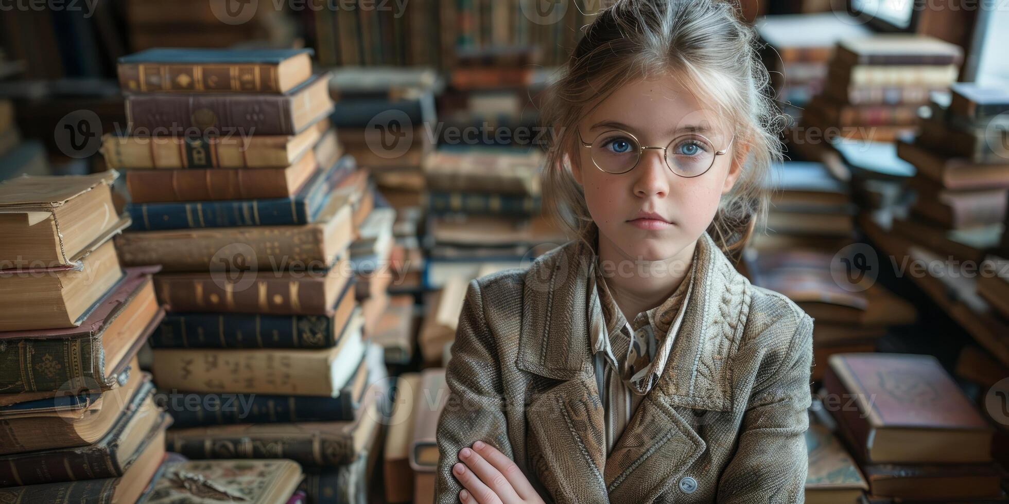 ai generato curioso giovane ragazza circondato di pile di libri nel un' accogliente biblioteca ambientazione. concetto di lettura, apprendimento, e intellettuale curiosità. foto