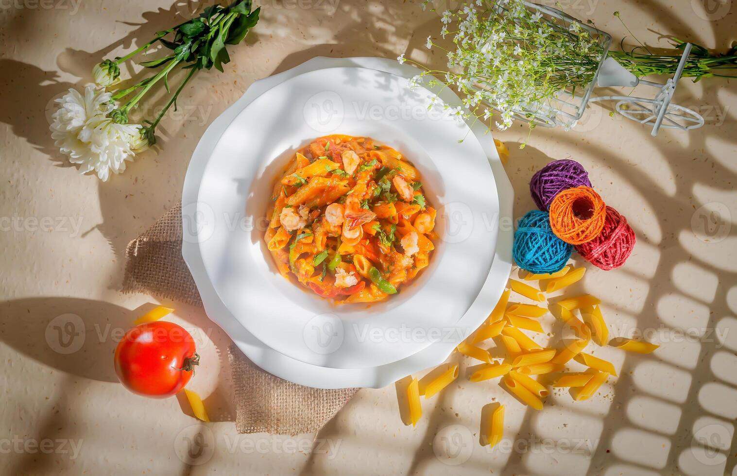 speziato penne masala pasta ritirare pomodoro nel un' ciotola isolato su sfondo lato Visualizza foto