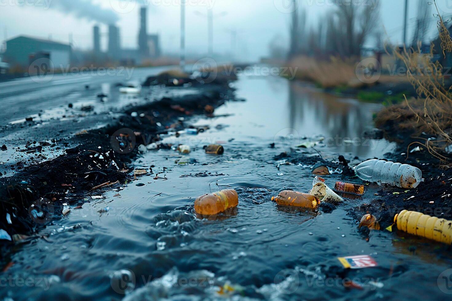 ai generato spazzatura con plastica bottiglie su strada e aria inquinamento nel industriale la zona di città foto