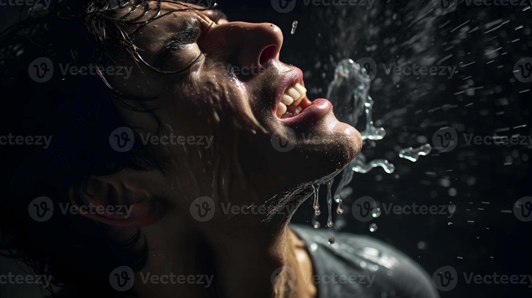 ai generato scrosciante acqua su un' bello dell'uomo viso foto