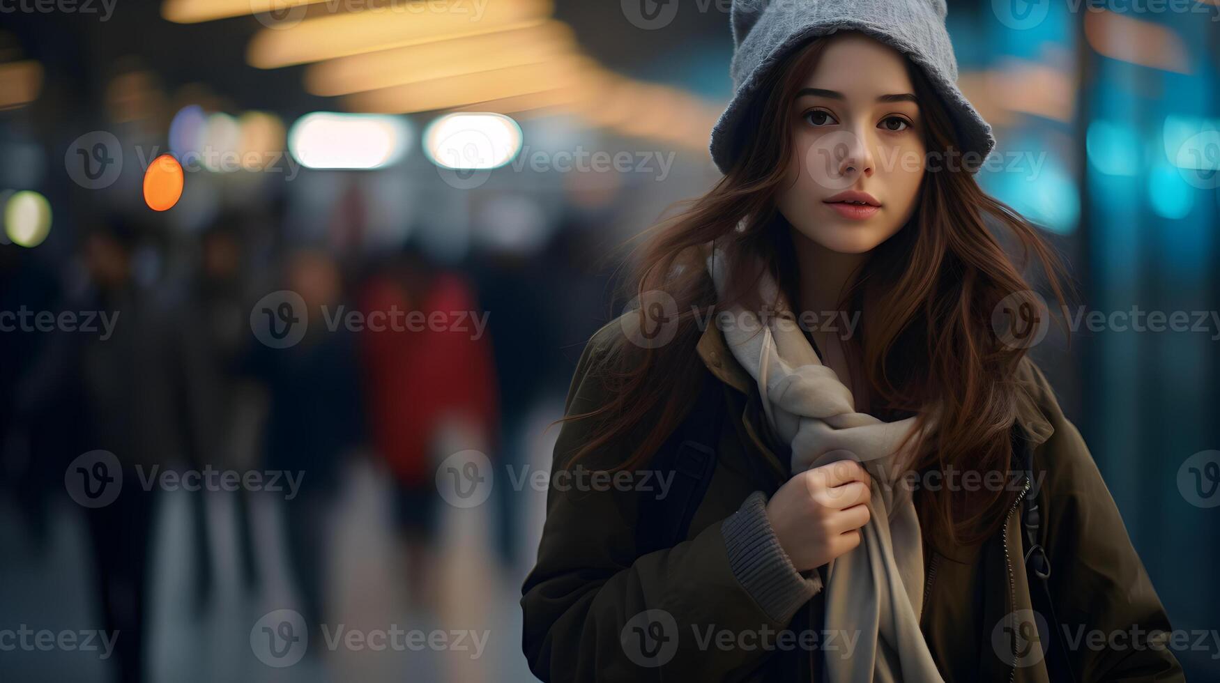 ai generato femmina modello in posa per foto mentre assunzione un' camminare nel sera città. sera città concetto.