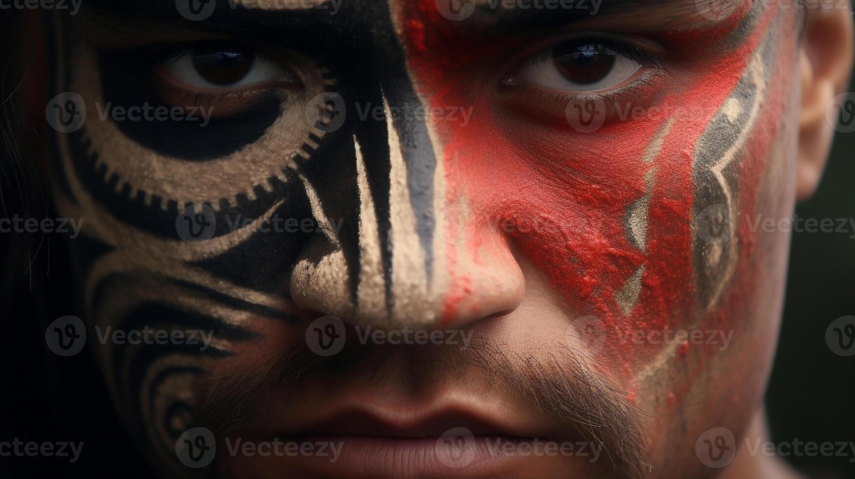 ai generato maori uomo con dipinto viso guardare a telecamera. vicino su ritratto foto