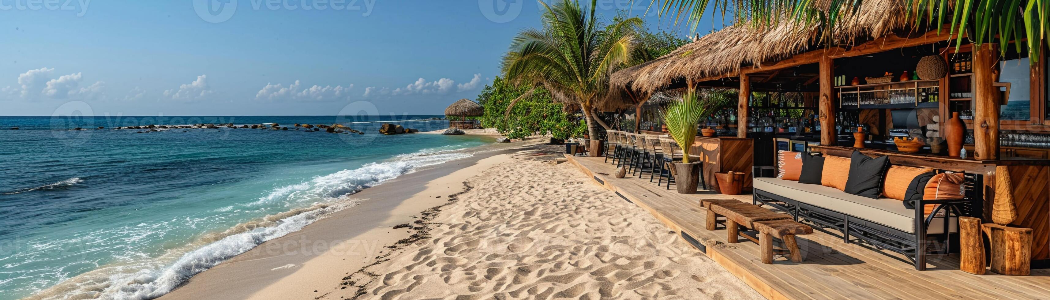 ai generato di ispirazione caraibica spiaggia bar con paglia tetti e sabbia piani foto