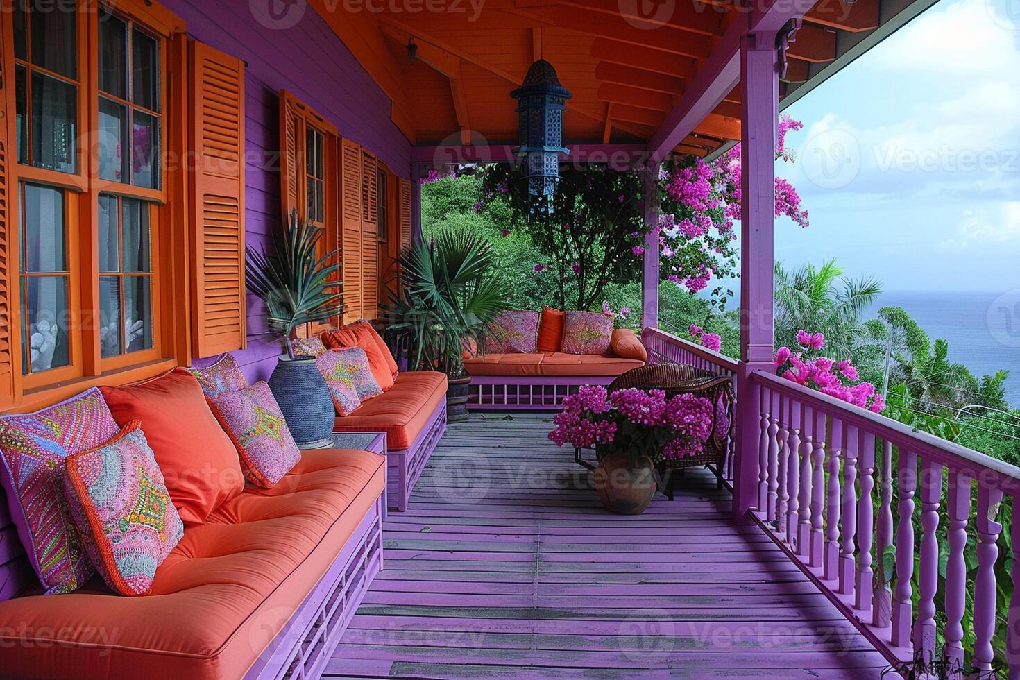 ai generato brillantemente colorato caraibico casa con ventilato veranda foto