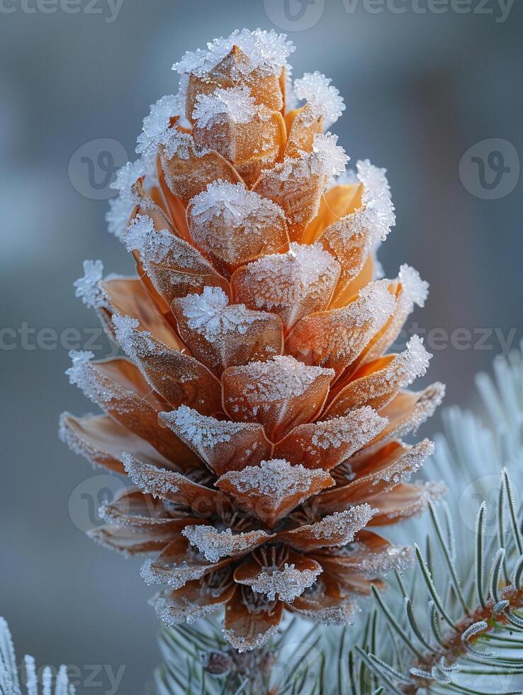 ai generato macro tiro di brina su un' pino cono foto