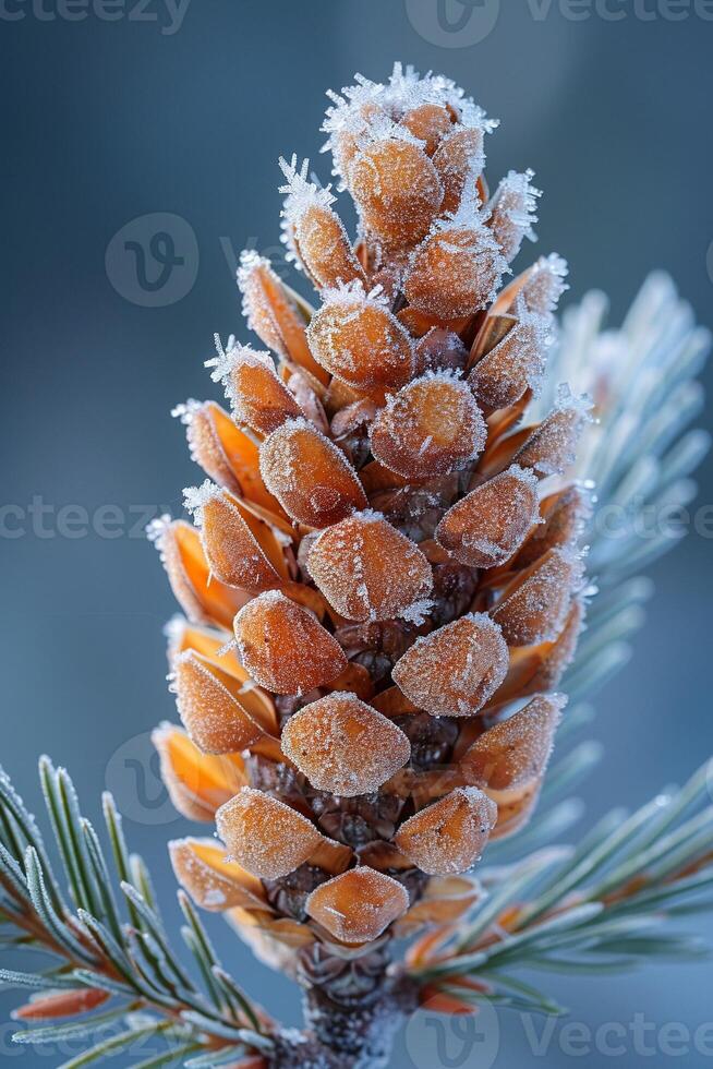 ai generato macro tiro di brina su un' pino cono foto