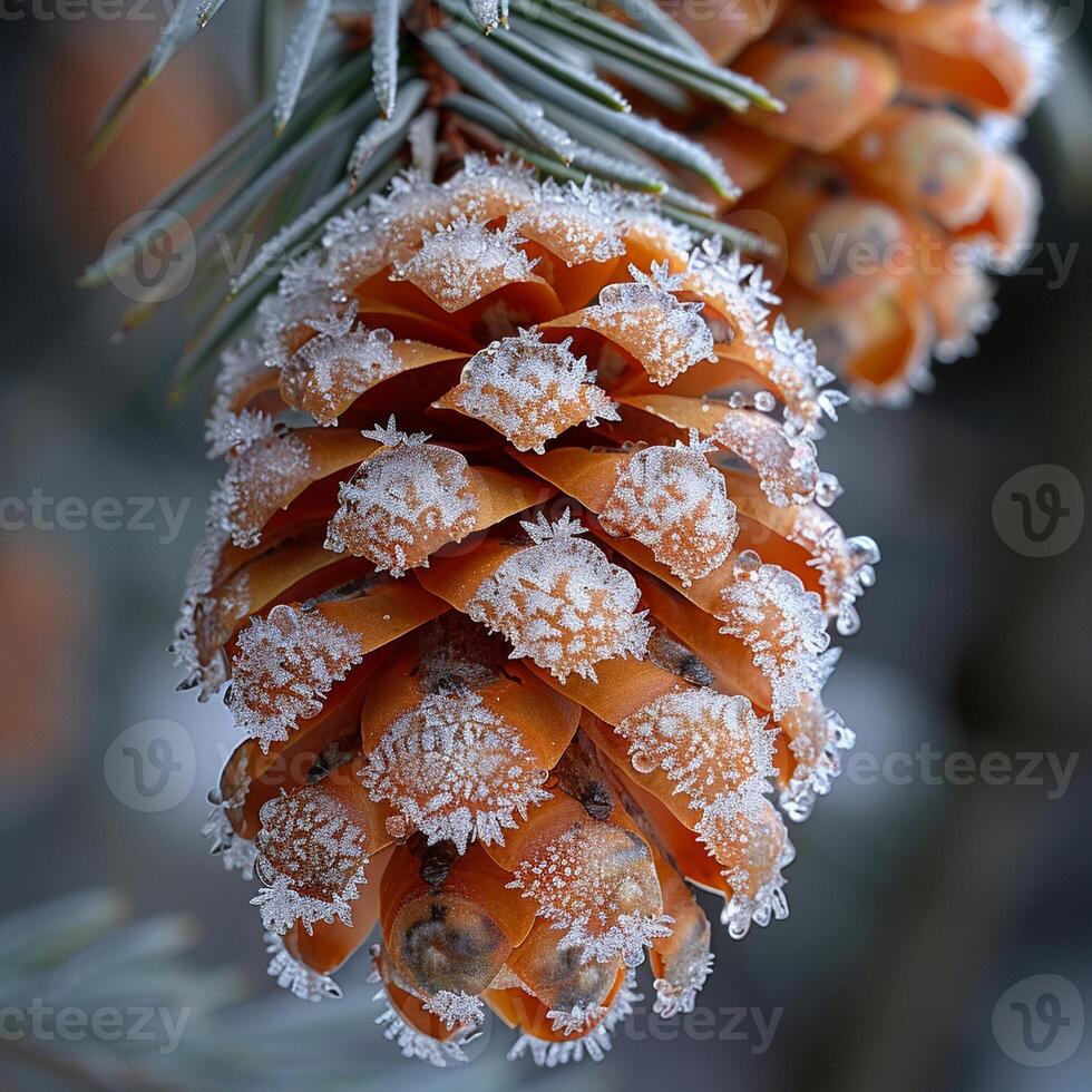 ai generato macro tiro di brina su un' pino cono foto