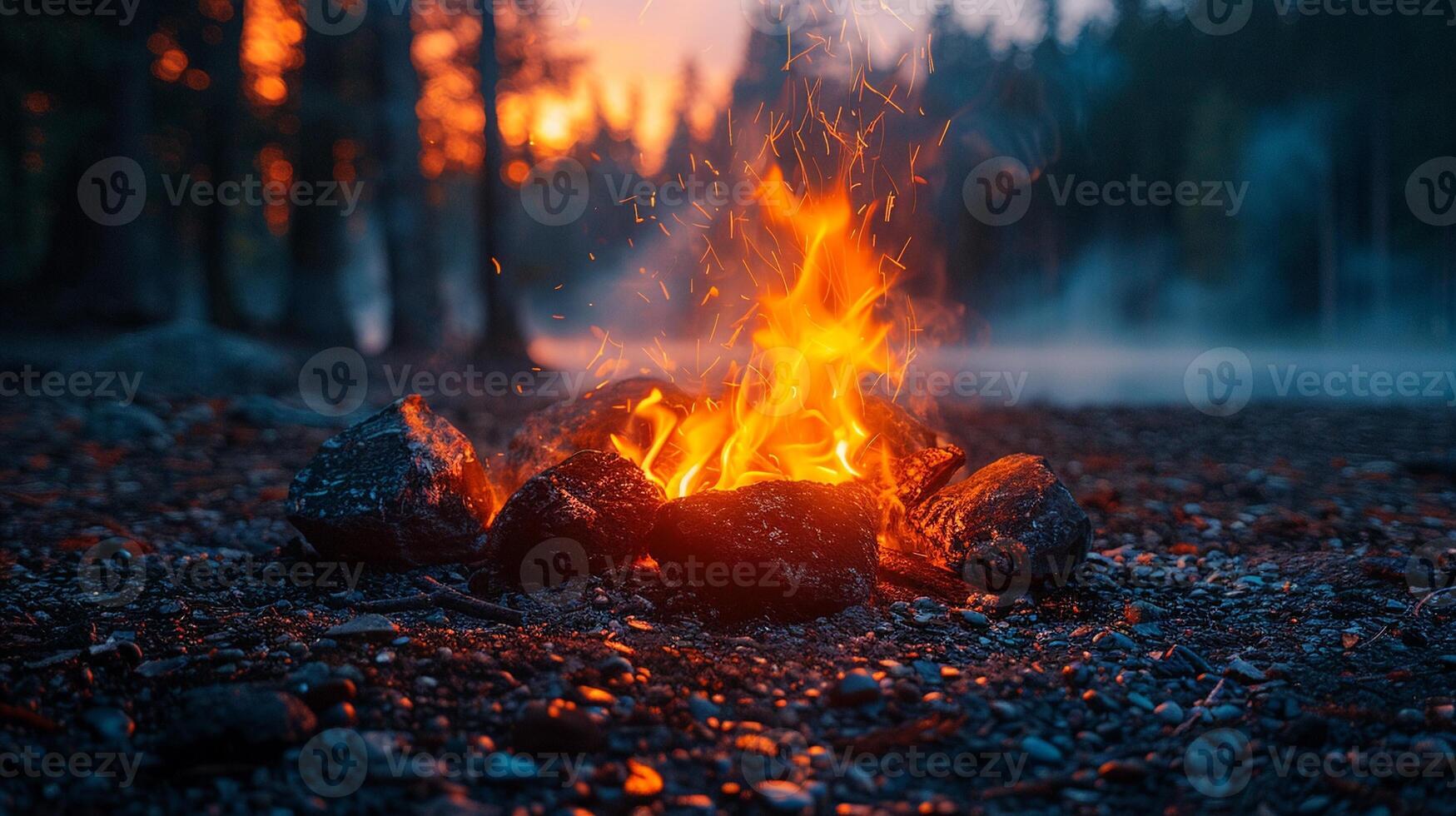 ai generato raggiante brace nel un' fuoco di bivacco foto