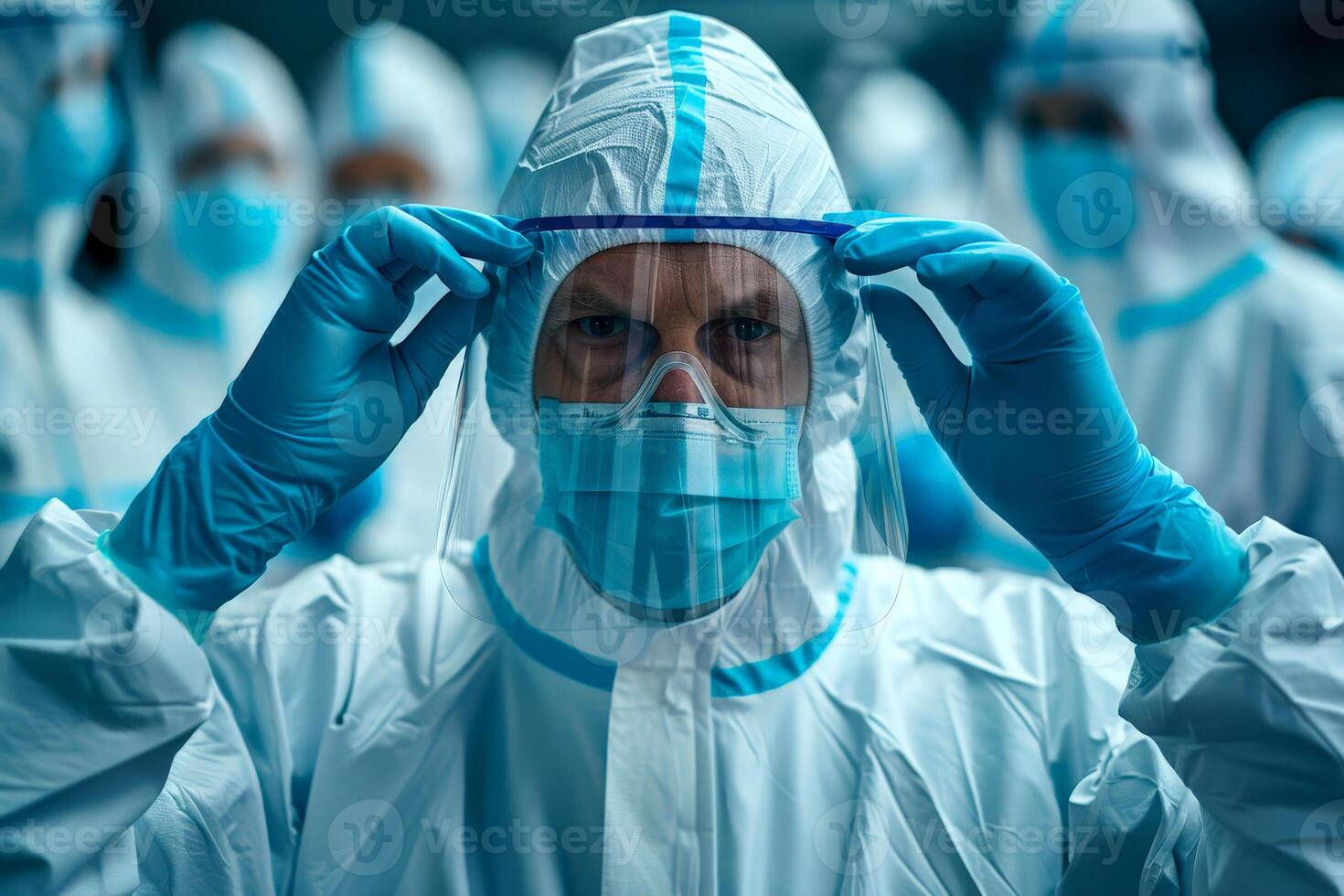ai generato medico mette protettivo plastica bicchieri e viso maschera contro corona virus ,epidemia, ebola. generativo ai foto