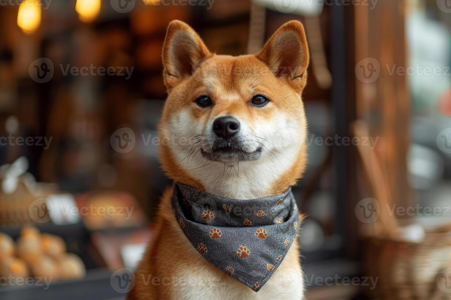 ai generato shiba inu cane seduta con un' bandana per finto su . generativo ai foto