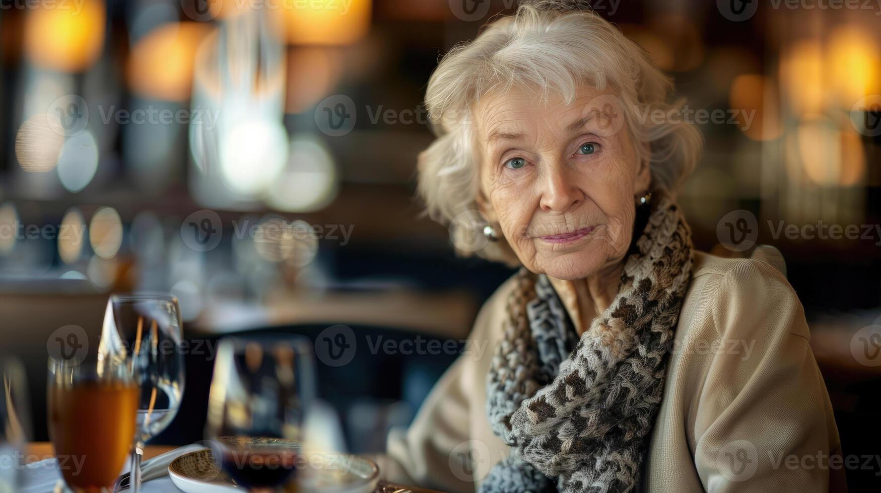 ai generato vicino su ritratto di elegante anziano donna avendo cena nel un' ristorante. la pensione, diversità concetto design foto