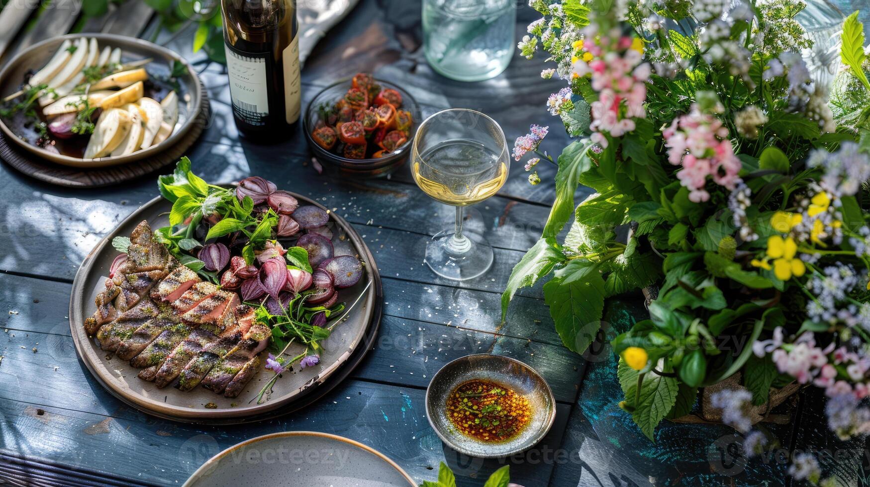 ai generato estate pasto con grigliato carne vino frutta verdure oggetti di scena di stagione fiori e erbe aromatiche su di legno tavolo foto
