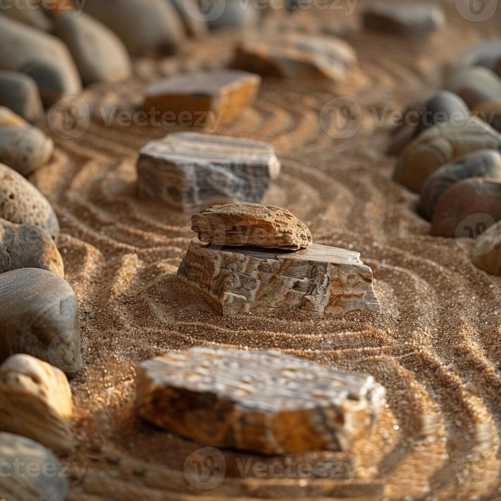 ai generato tranquillo zen giardino con rastrellato sabbia e pietre foto