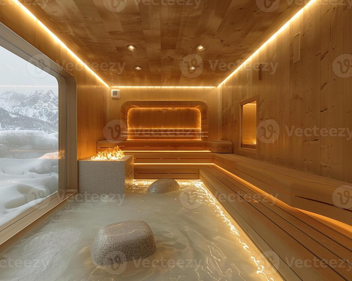 ai generato tradizionale scandinavo sauna con elegante legna finiture e minimalista design. foto