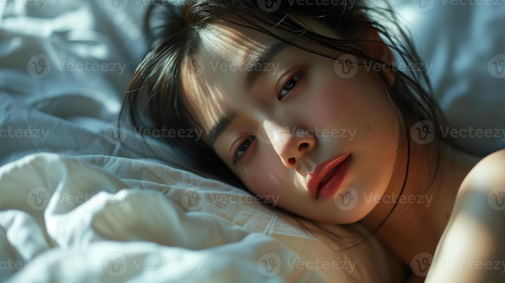 ai generato bellissimo giovane donna nel pigiama addormentato nel letto a presto mattina foto