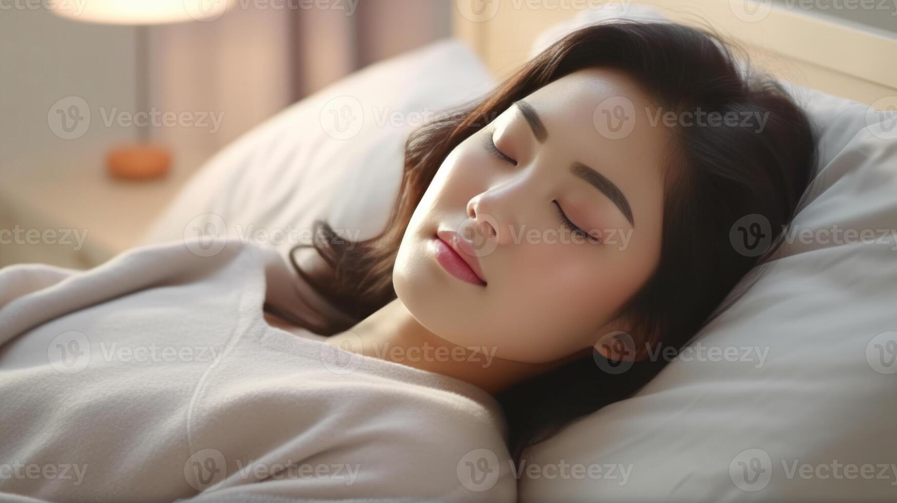 ai generato bellissimo giovane donna nel pigiama addormentato nel letto a presto mattina foto