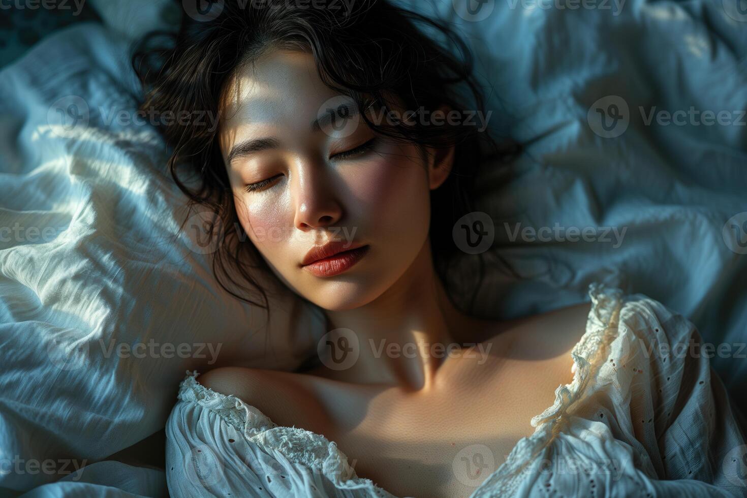 ai generato bellissimo giovane donna nel pigiama addormentato nel letto a presto mattina foto