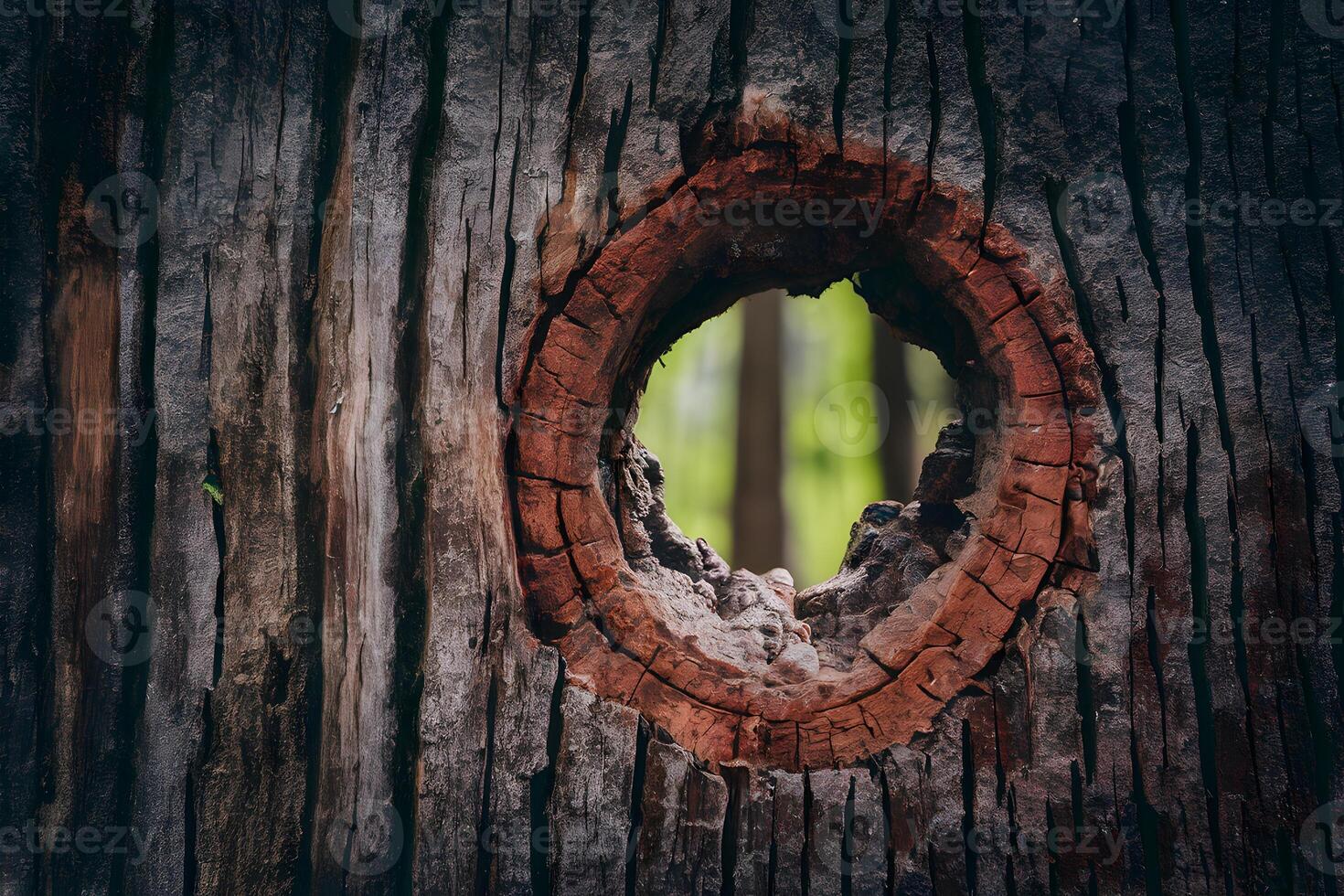 ai generato buco nel tronco di albero, strutturato di legno superficie vicino su foto