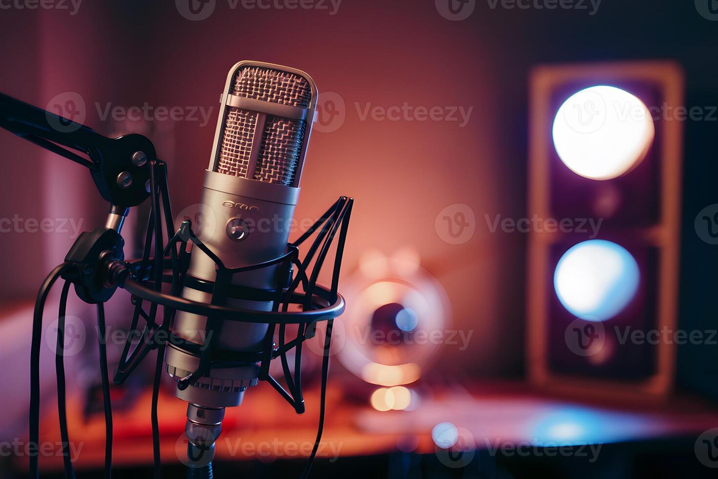 ai generato img studio Podcast microfono nel camera sfondo, professionale Audio attrezzatura foto