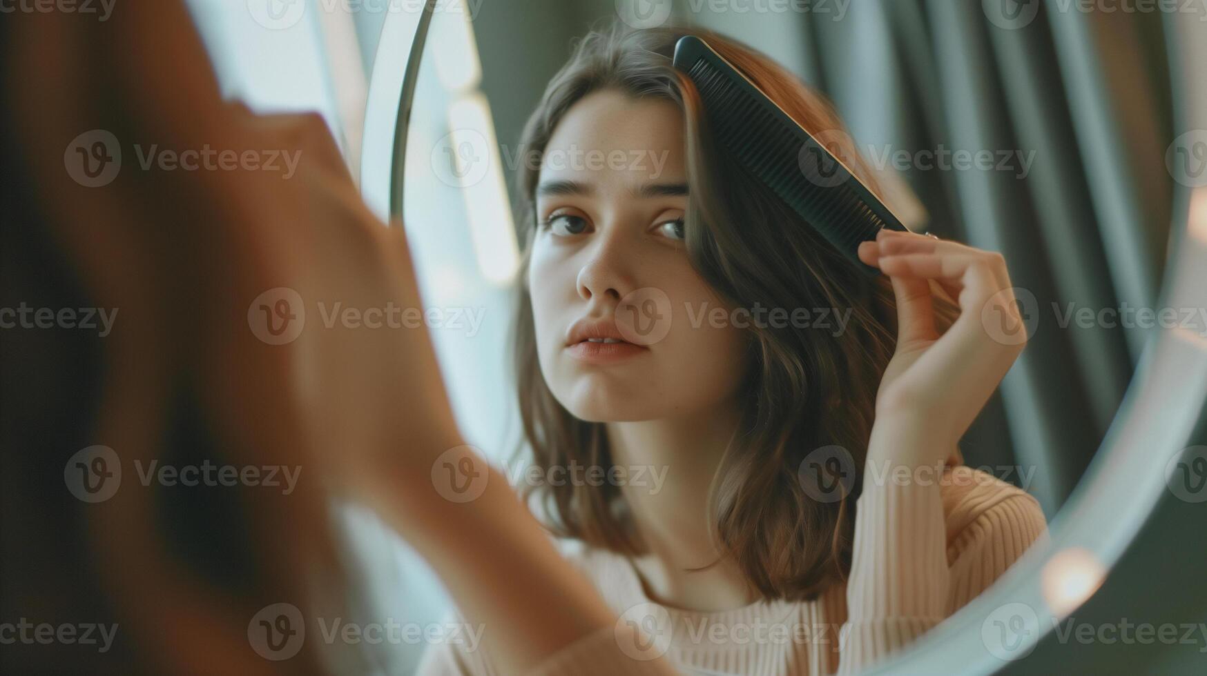ai generato giovane donna guardare in specchio preoccupato di capelli , capelli perdita problema . foto