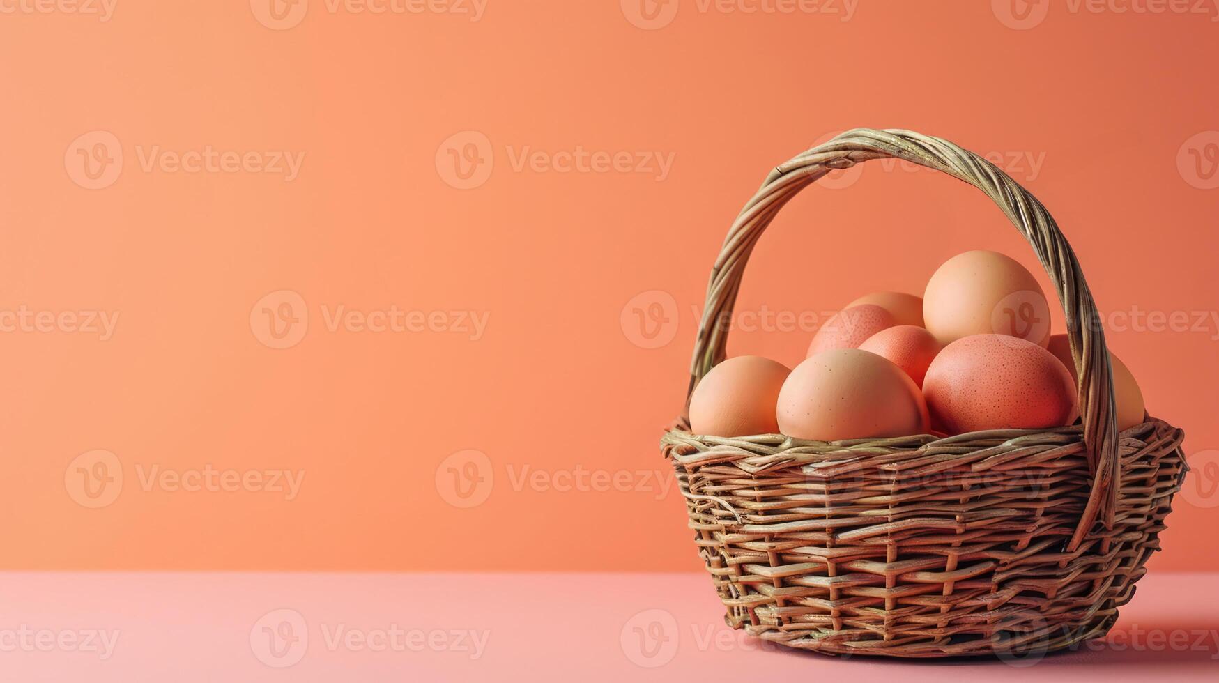 ai generato di vimini cestino pieno di beige Marrone pollo uova su pesca rosa sfondo. bandiera con copia spazio per fresco azienda agricola cibo mercato. Pasqua vacanze. foto