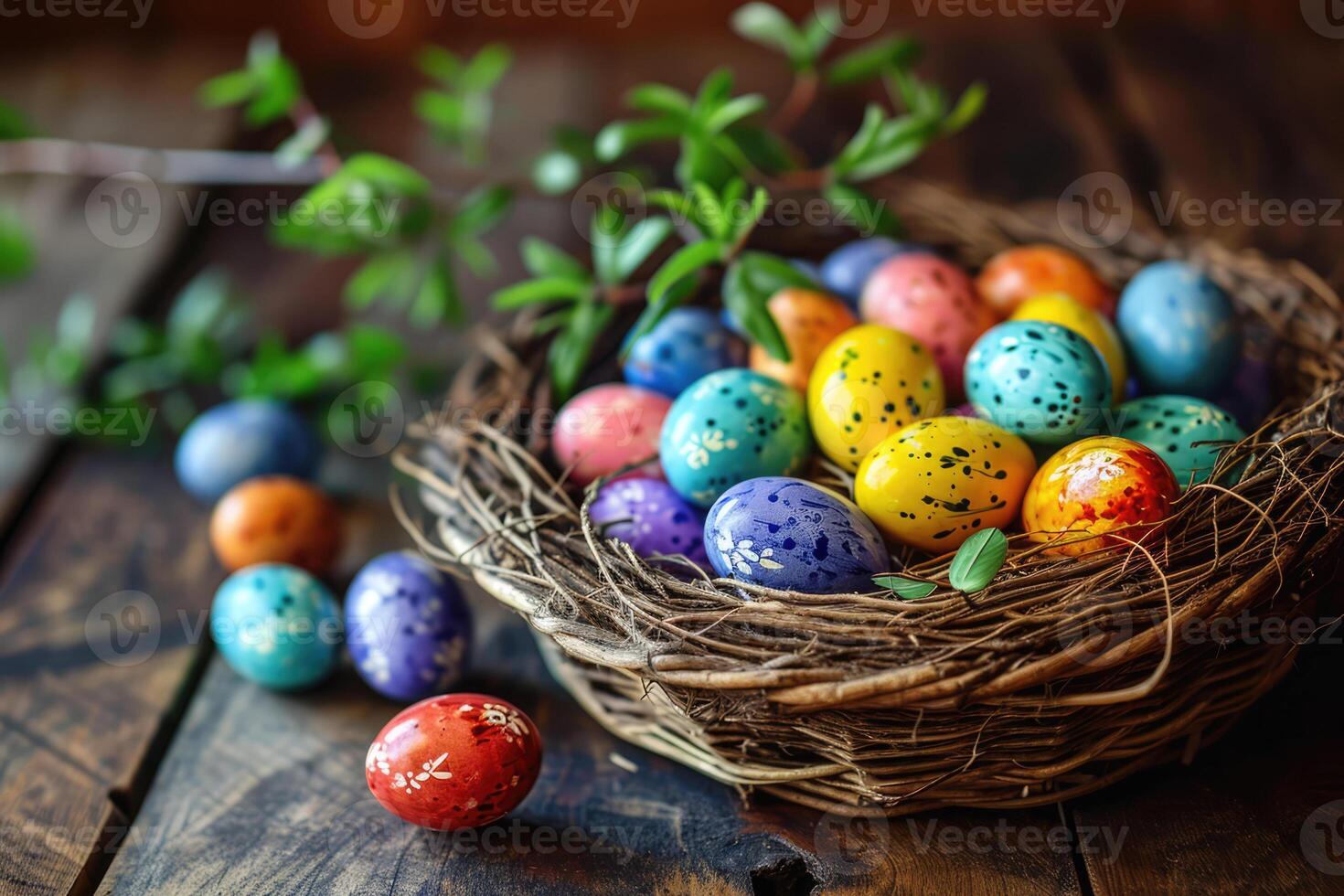 ai generato colorato dipinto butterato molti piccolo Pasqua uova nel di vimini cestino piace uccello nido su di legno tavolo, verde pianta ramo su sfondo. saluto carta per Pasqua vacanze. foto