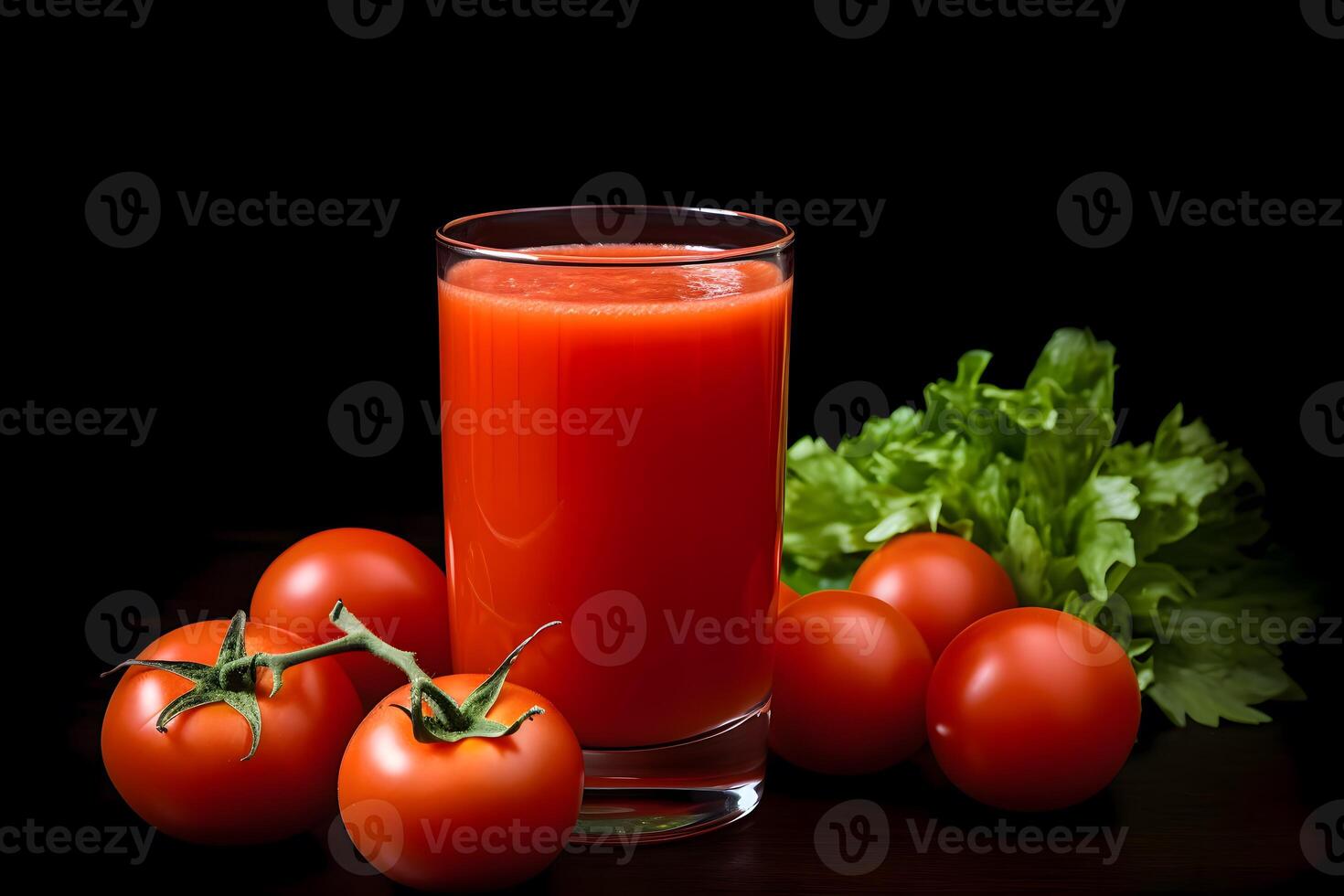 ai generato fresco pomodoro succo nel un' bicchiere di pomodori vicino esso su un' nero sfondo. foto