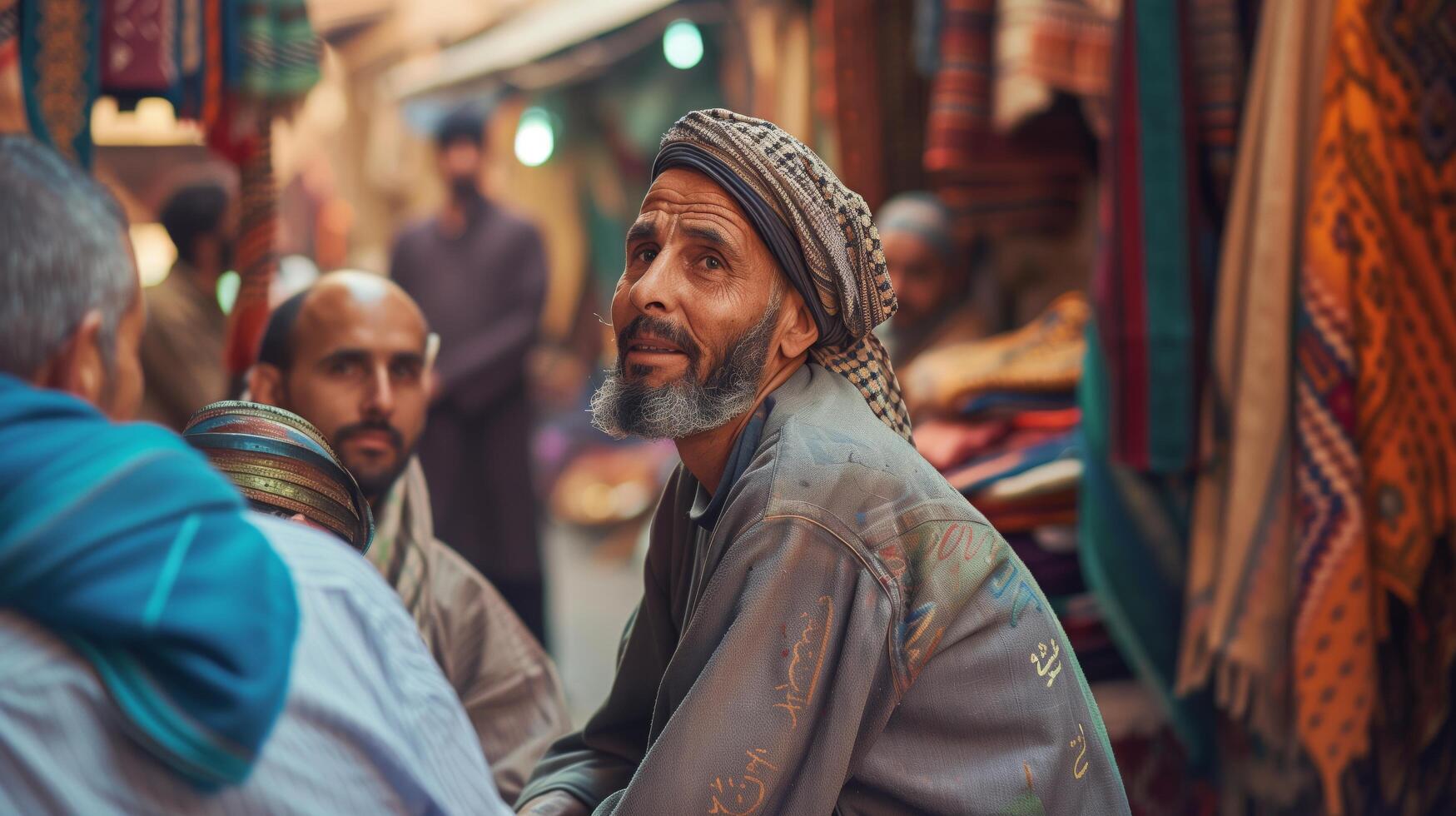ai generato uomo nel Marocco navigazione tessile nel un' tradizionale mercato scena, ideale per promozione Locale mercati foto
