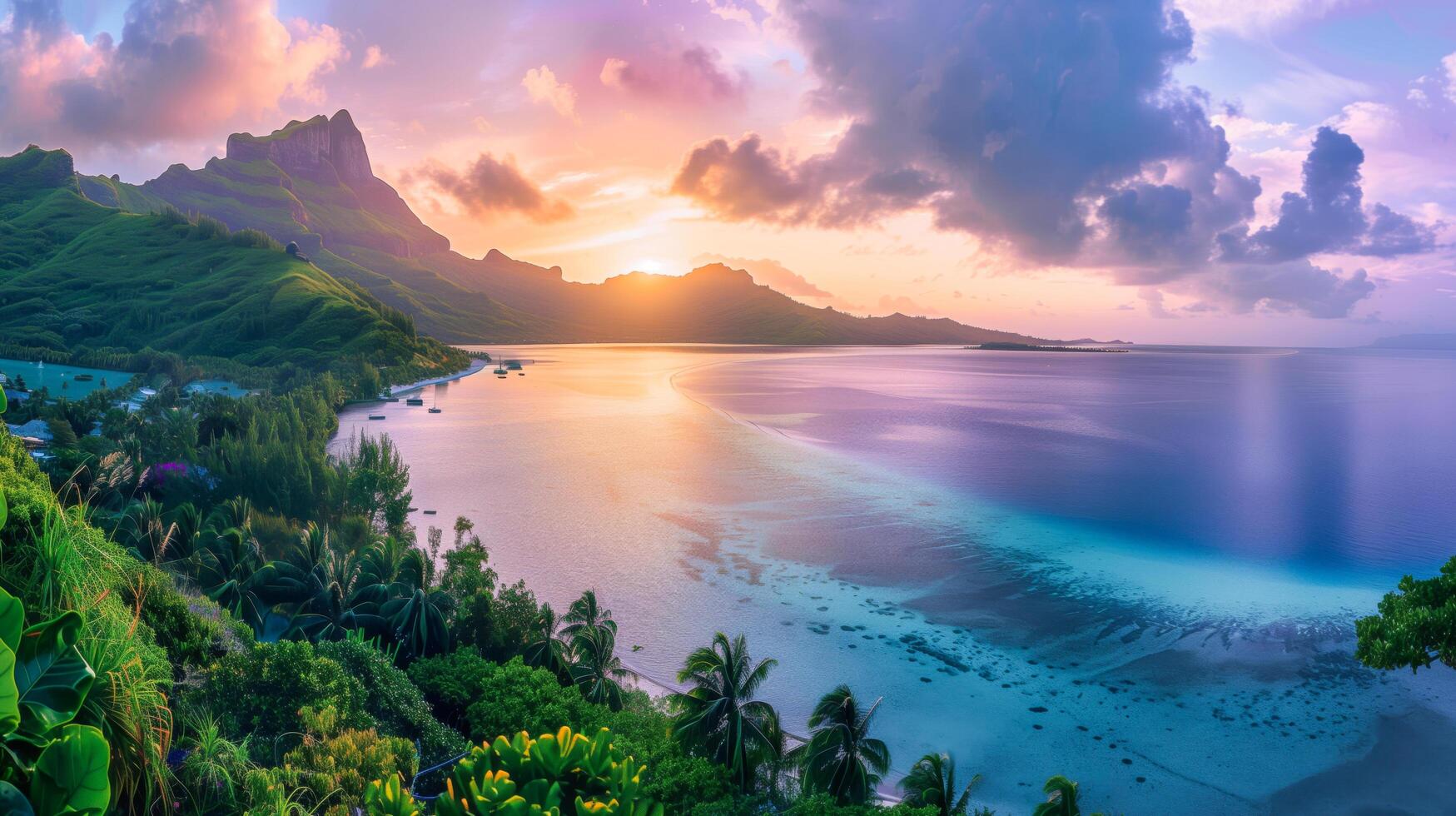 ai generato sbalorditivo tramonto al di sopra di spiaggia e lontano montagne, ideale per viaggio opuscoli, ispirazione citazioni, o sfondo per rilassamento prodotti. foto