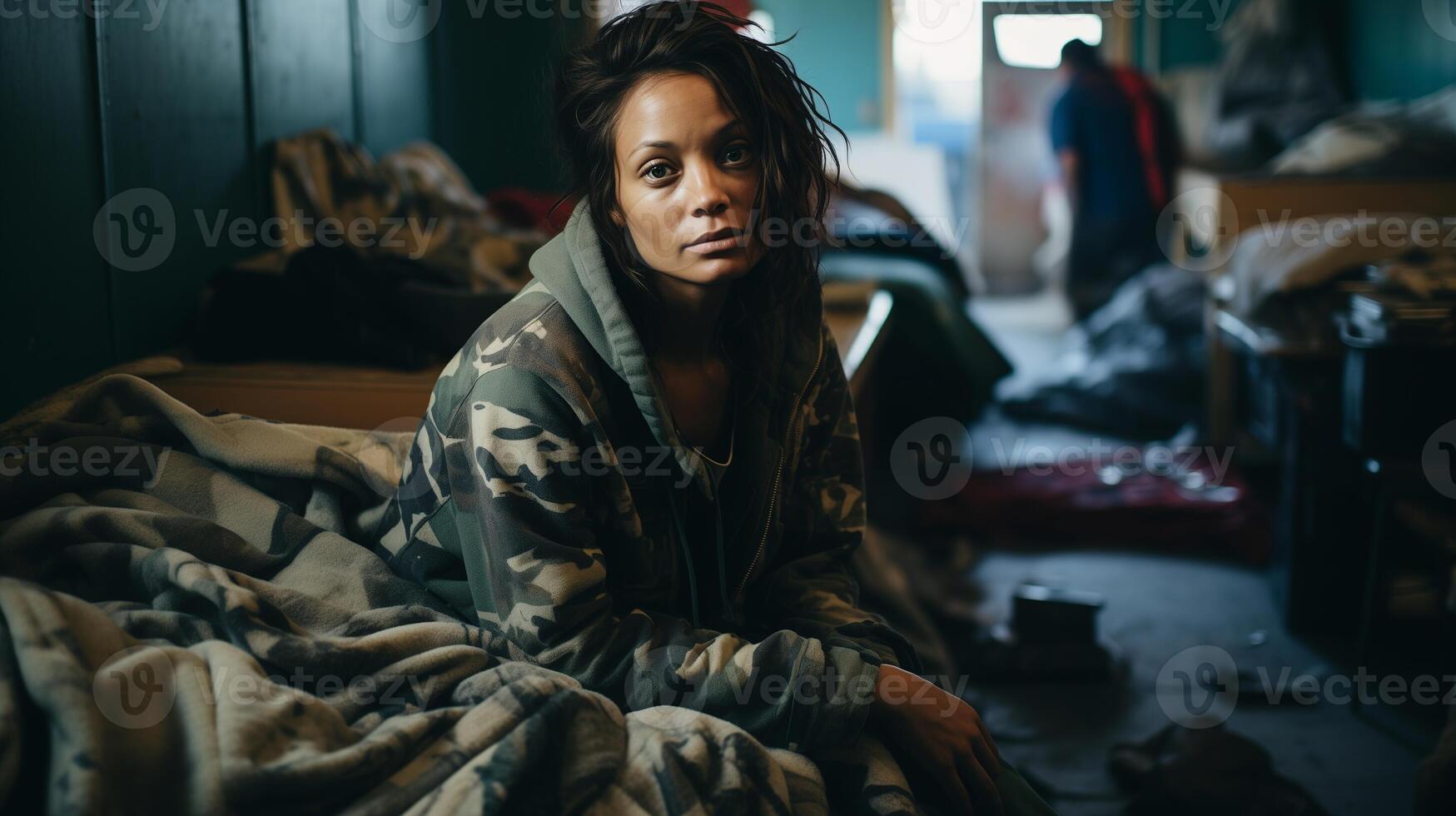 ai generato vulnerabile donna nel un' riparo. sociale problema concetto per senzatetto, povertà, e umano diritti. foto