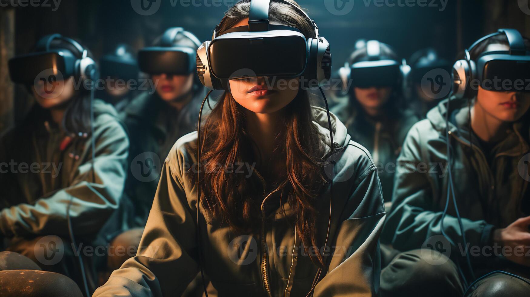 ai generato gruppo di persone utilizzando virtuale la realtà auricolari nel un' buio camera. tecnologia e divertimento futuristico concetto con immersiva vr Esperienza per design e Stampa. foto
