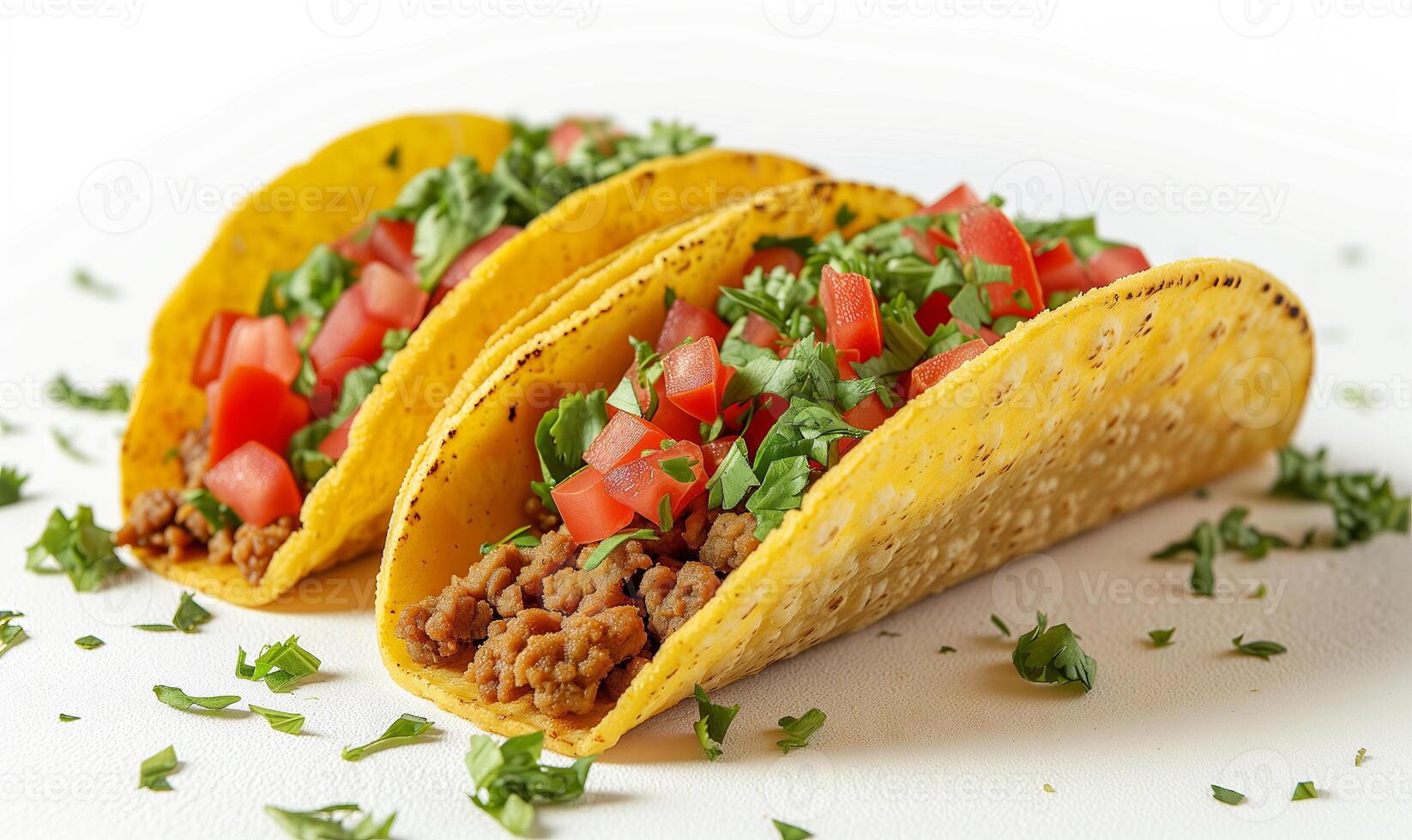 ai generato Manzo tacos con a dadini pomodori e tritato prezzemolo nel difficile giallo Mais conchiglie su un' bianca sfondo. foto