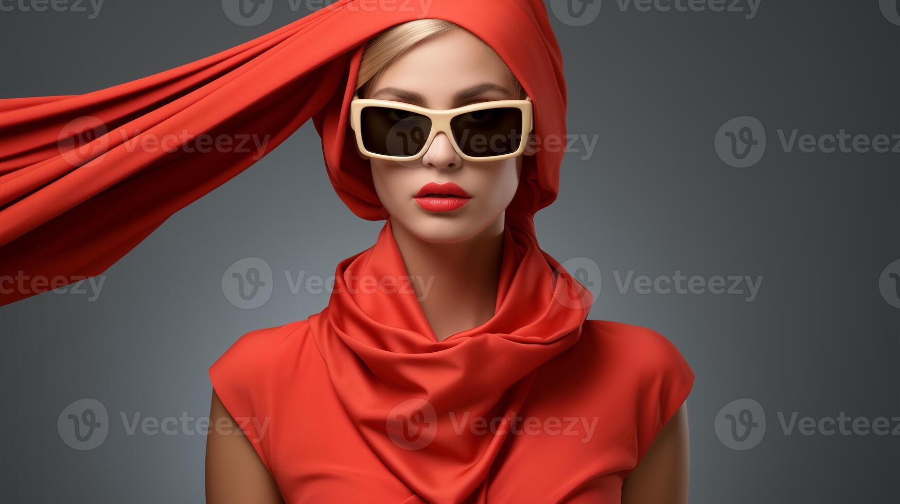 ai generato elegante donna con bionda capelli indossare un' rosso foulard e occhiali da sole su un' grigio sfondo. studio moda e lusso stile di vita concetto. design per pubblicità, marca campagna. foto