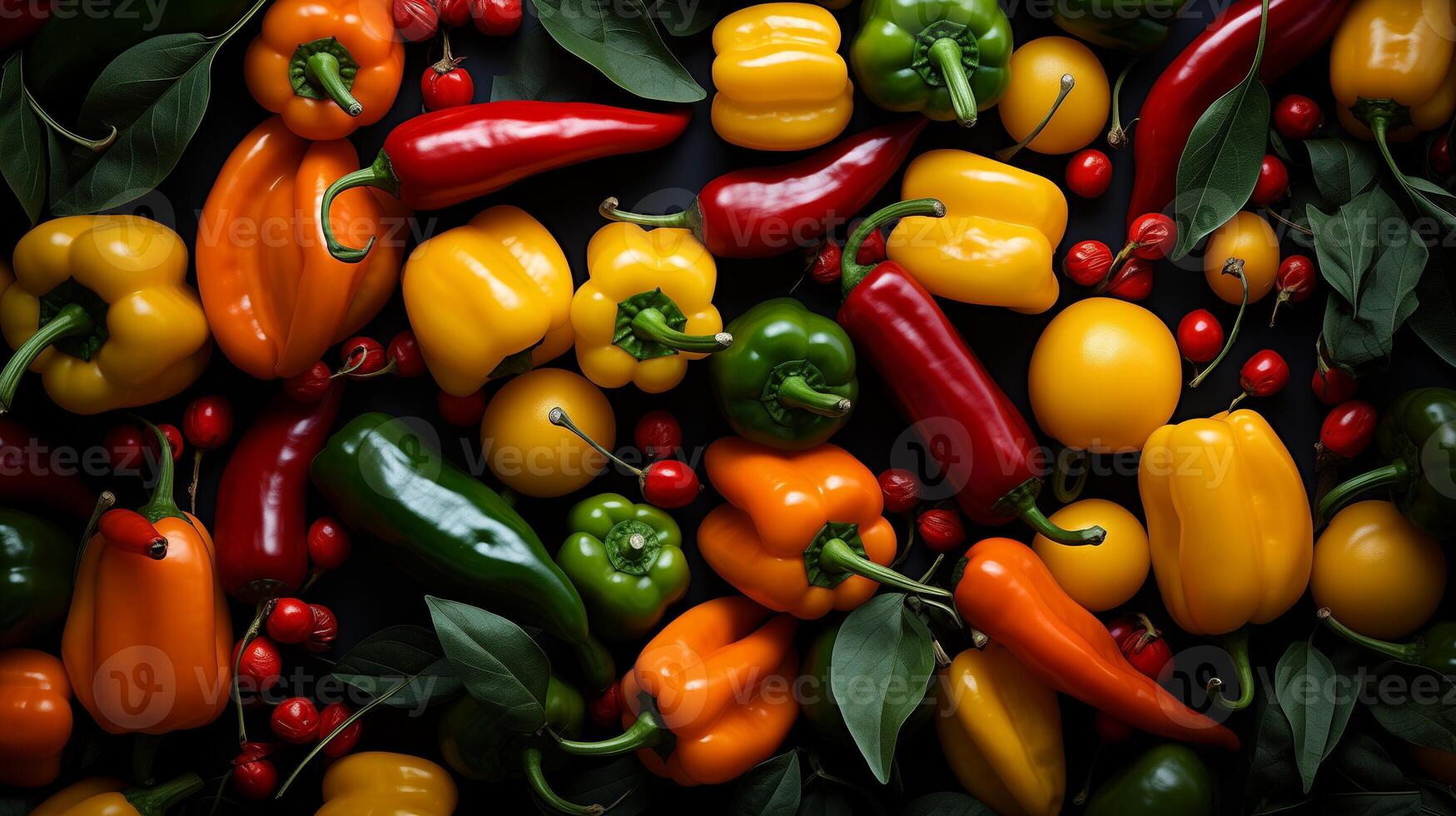 ai generato alto Visualizza di misto colorato campana peperoni e chili peperoni con fresco basilico e baia le foglie su un' buio sfondo. fresco ingredienti e cucinando concetto. design per ricetta sfondo. foto