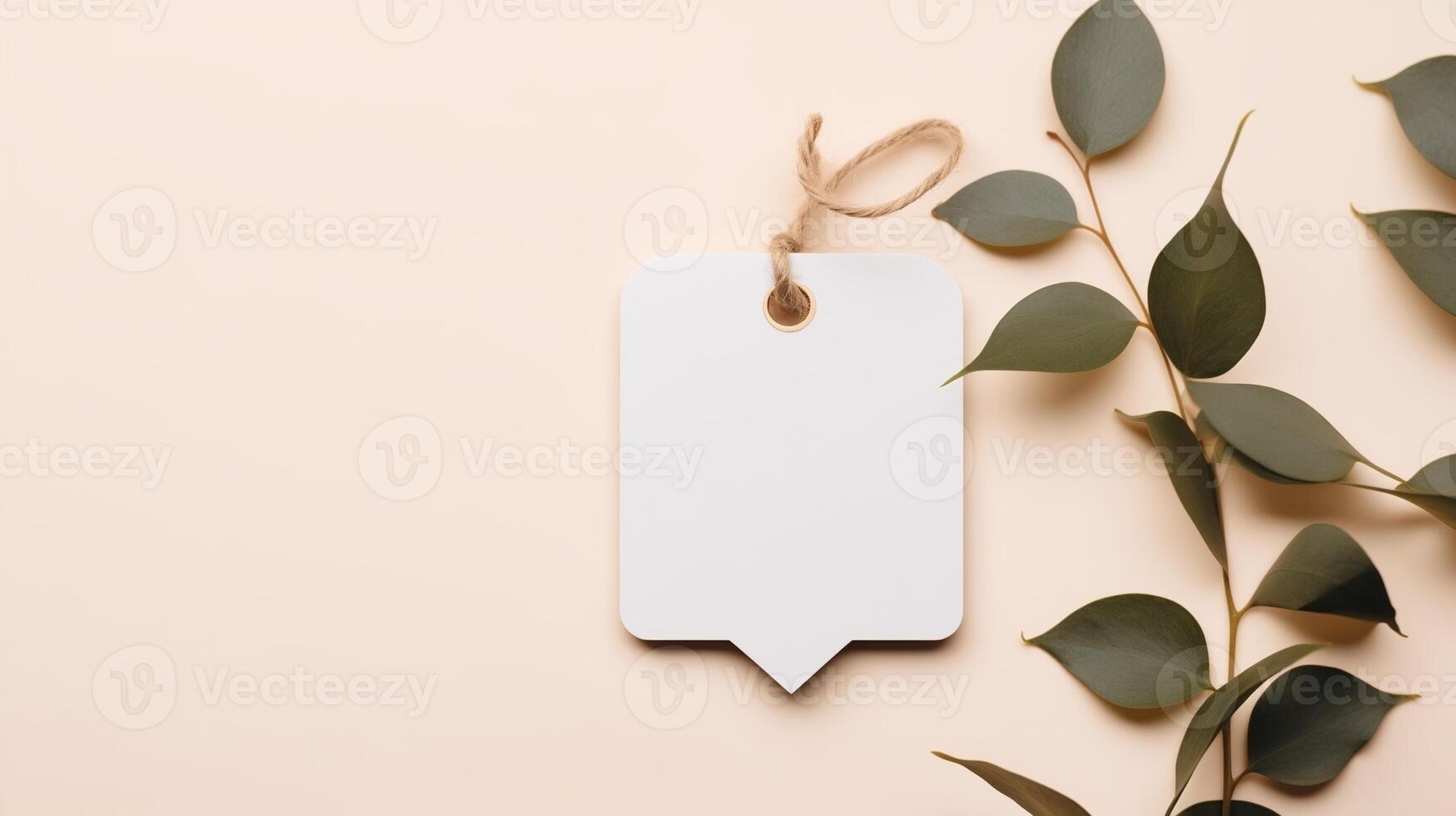 ai generato minimalista regalo etichetta modello con eucalipto le foglie su un' beige sfondo. elegante il branding concetto con spazio per testo. foto