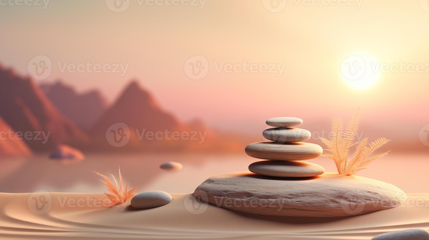 ai generato zen pietre pila su sabbia contro tramonto. equilibrio e meditazione concetto. foto