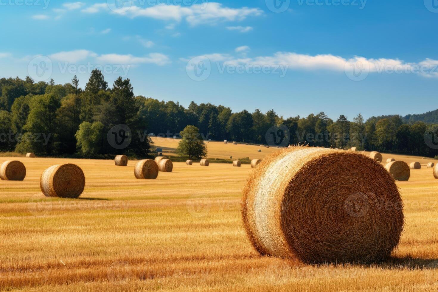 ai generato sereno fieno campo con bellissimo cielo foto